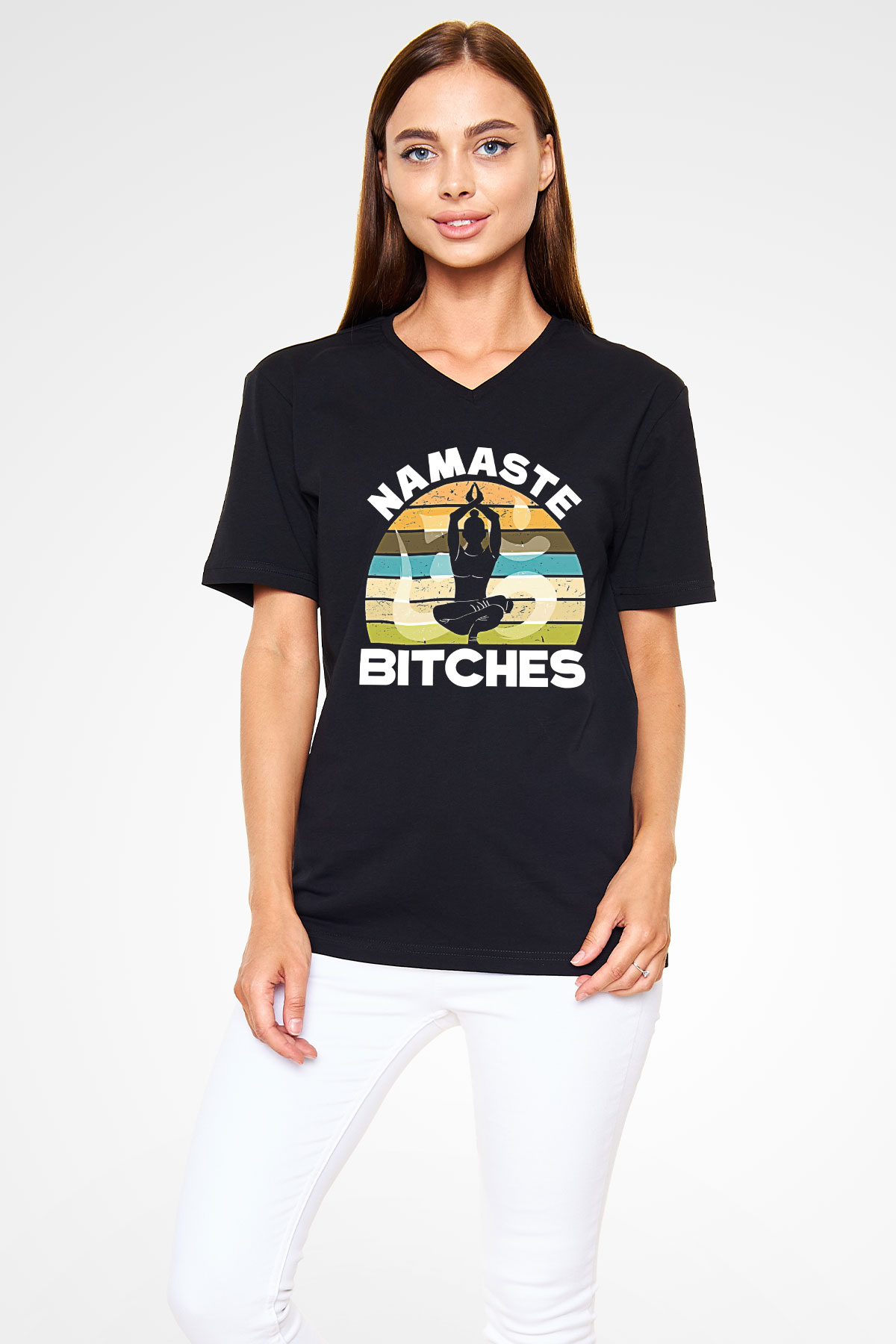 Om Baskılı Unisex Siyah V Yaka Tişört - Tshirt
