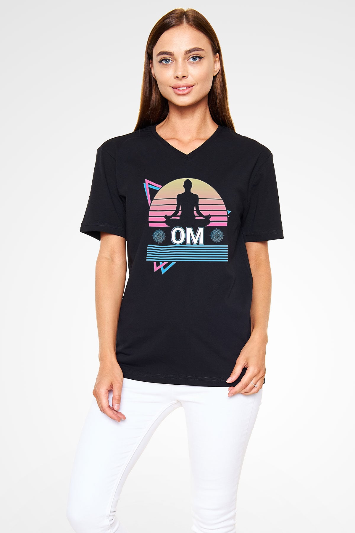 Om Baskılı Unisex Siyah V Yaka Tişört - Tshirt