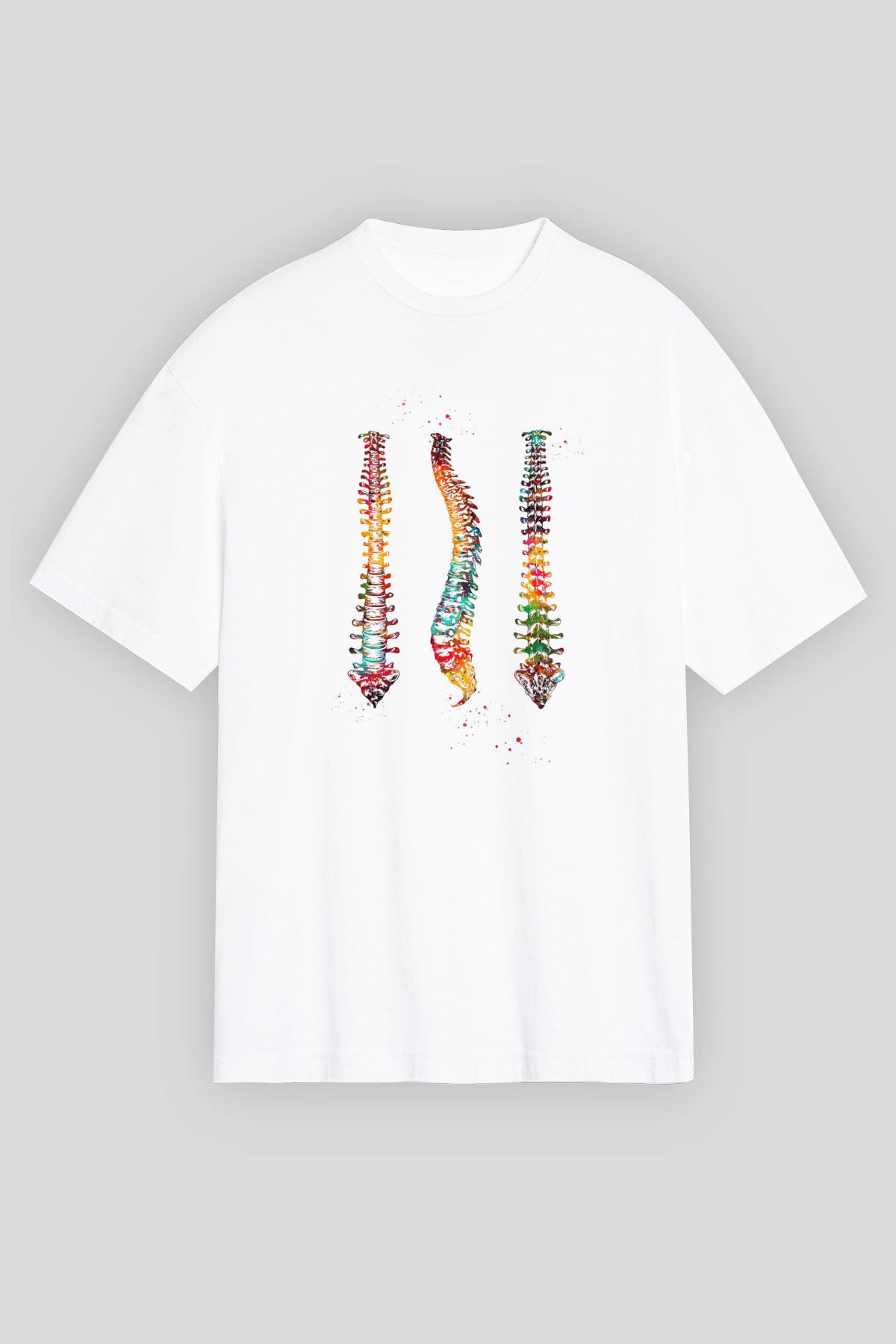 Omurga Renkli Baskılı Unisex Oversize Beyaz Tişört - Tshirt