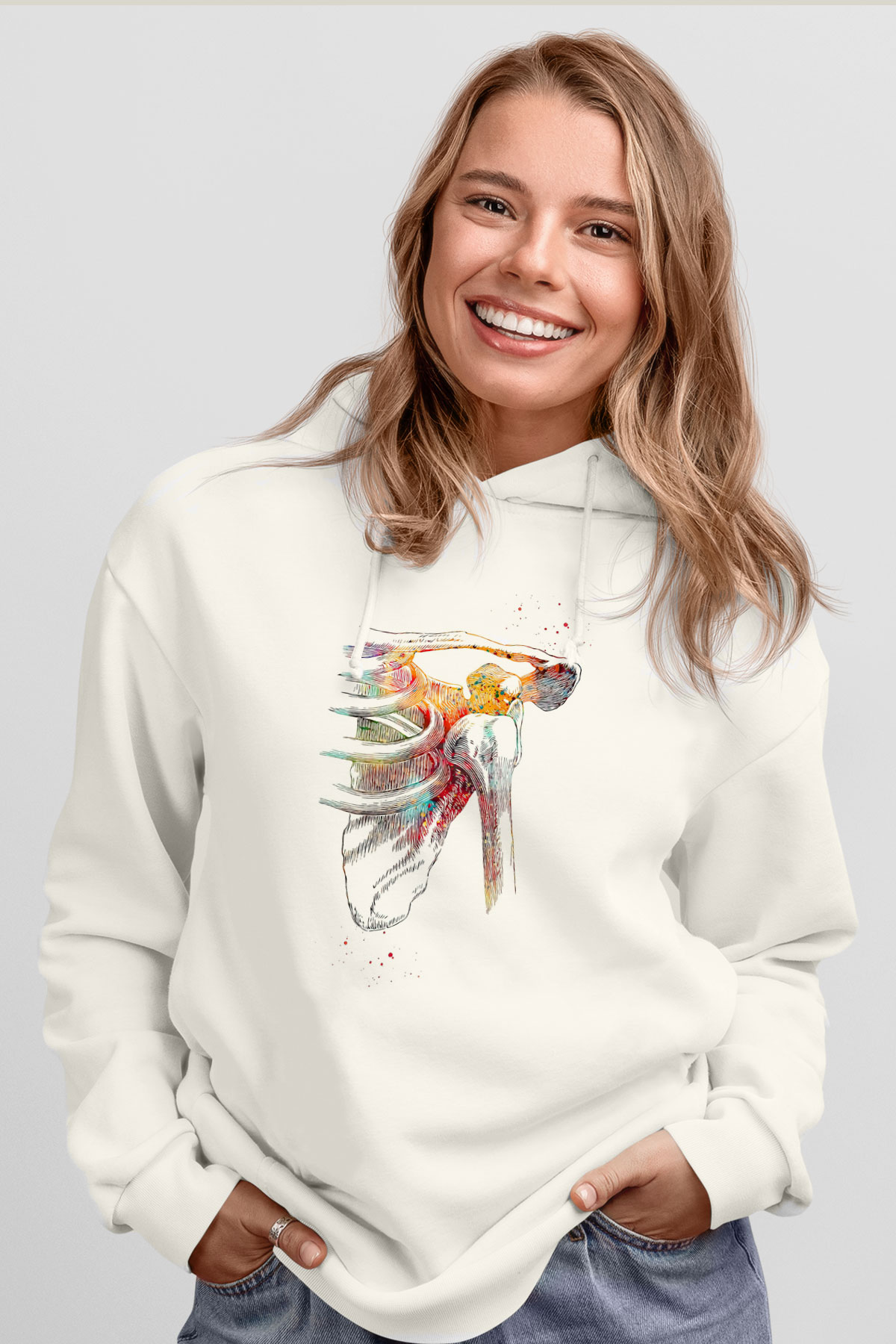 Omuz Çıkığı Baskılı Unisex Ekru Hoodie