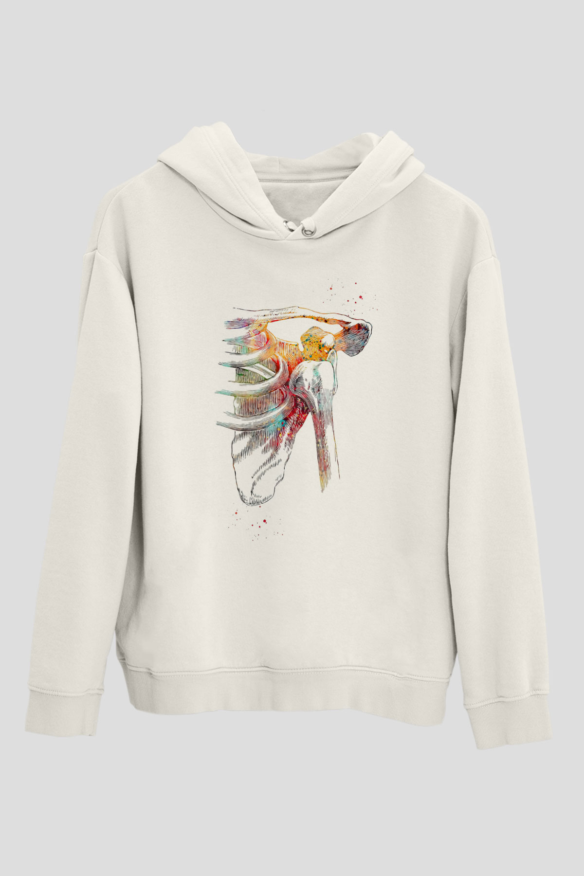 Omuz Çıkığı Baskılı Unisex Ekru Hoodie
