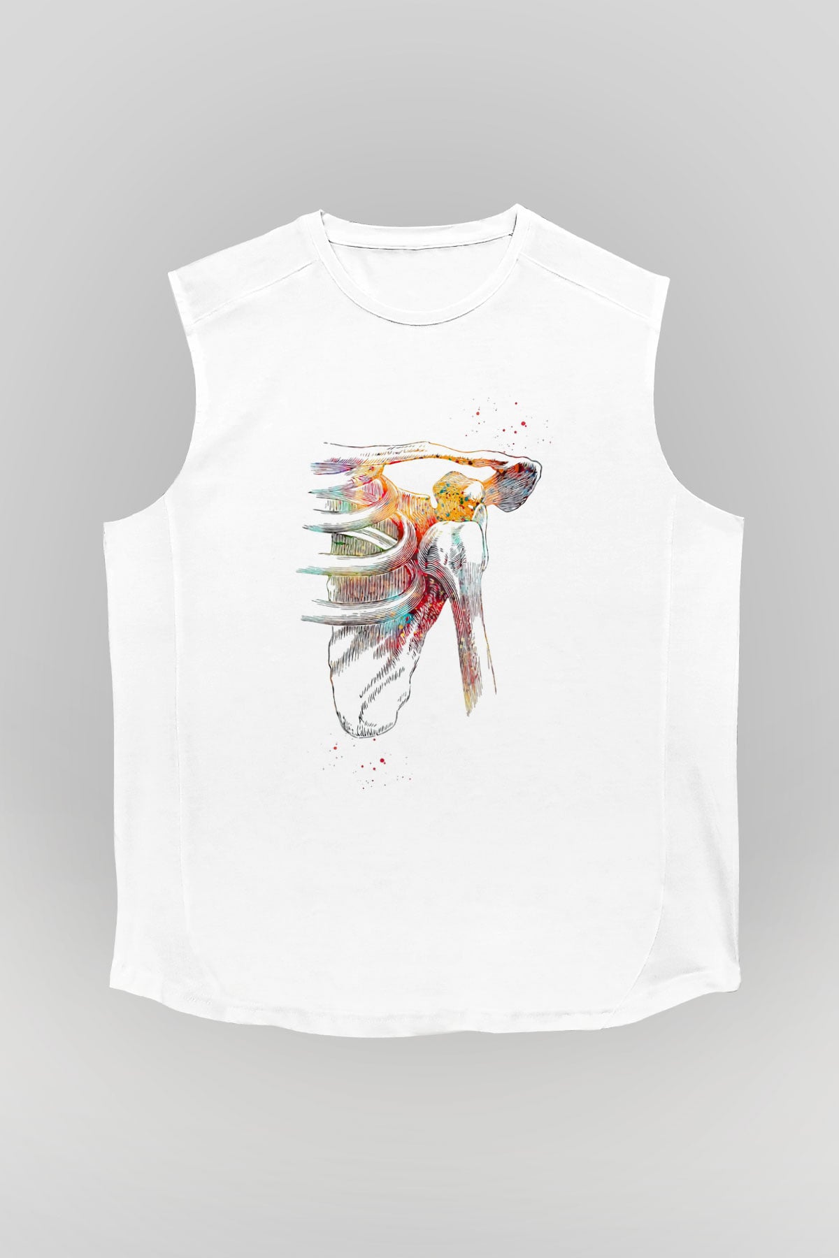 Omuz Çıkığı Baskılı Unisex Kolsuz Beyaz Tişört - Tshirt