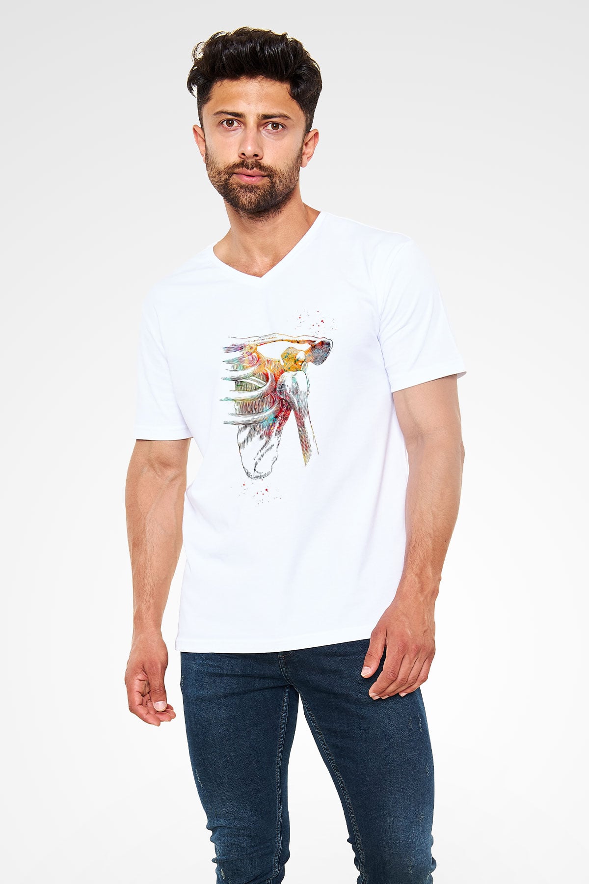 Omuz Çıkığı Baskılı Unisex V Yaka Beyaz Tişört - Tshirt