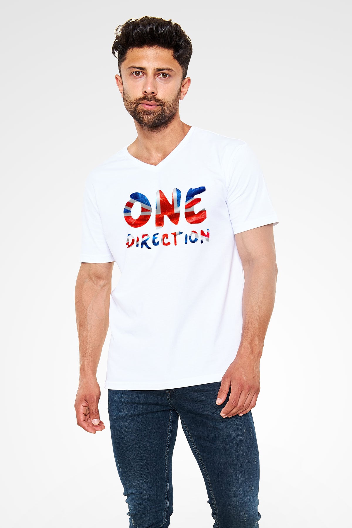 One Direction Beyaz Unisex V Yaka Tişört T-Shirt