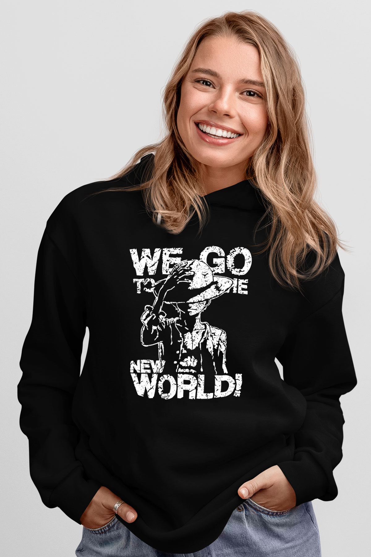 One Piece Baskılı Unisex Siyah Hoodie