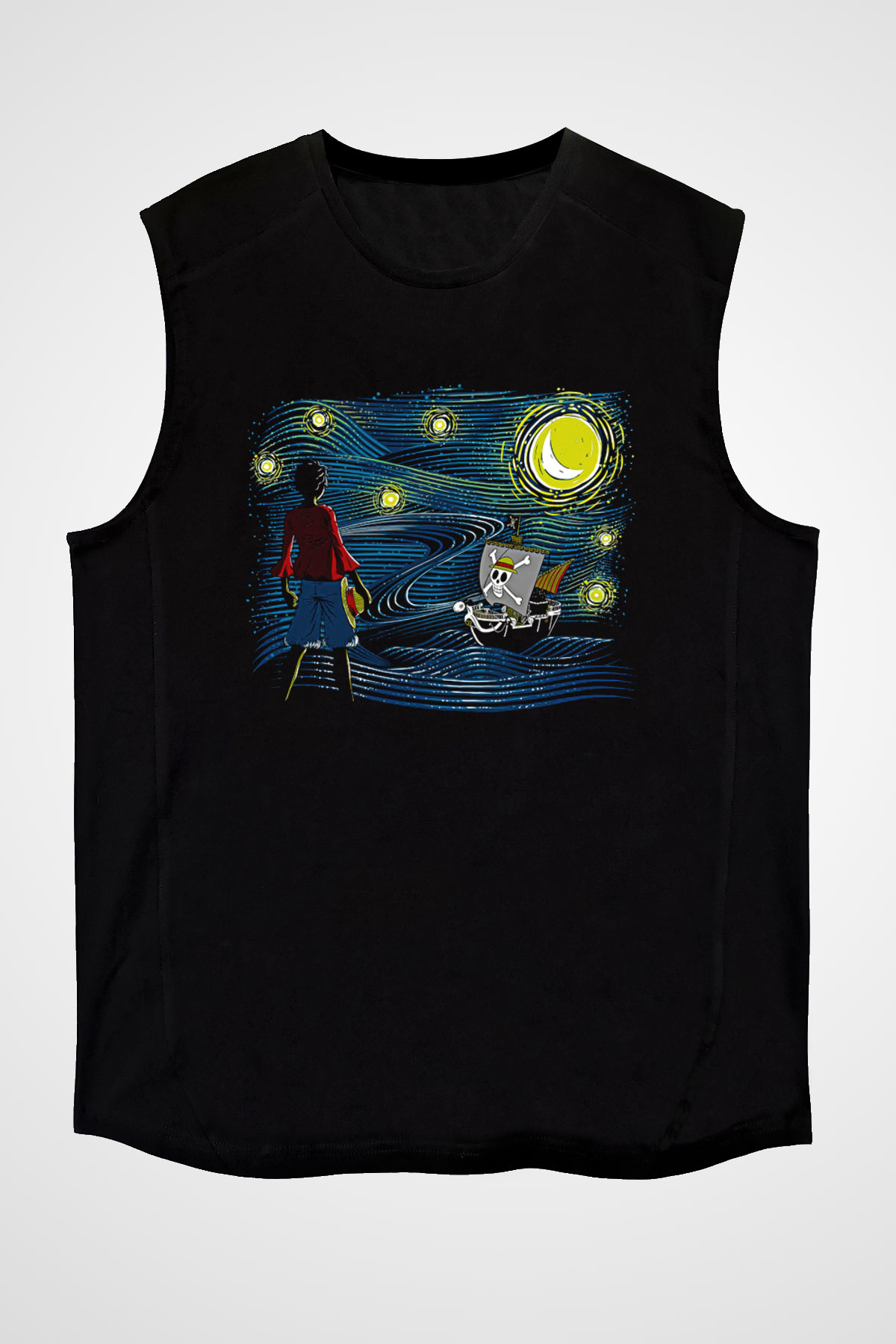 One Piece Baskılı Unisex Siyah Kolsuz Tişört - Tshirt