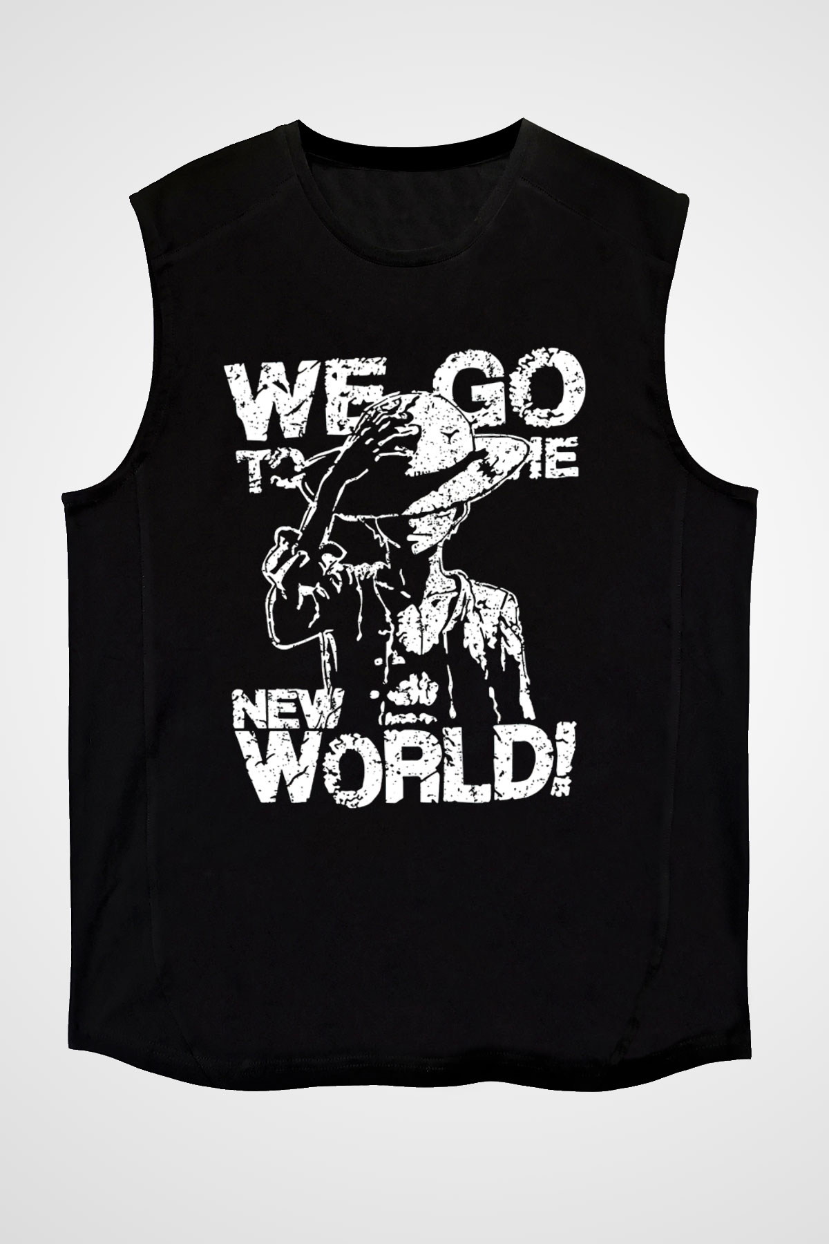 One Piece Baskılı Unisex Siyah Kolsuz Tişört - Tshirt