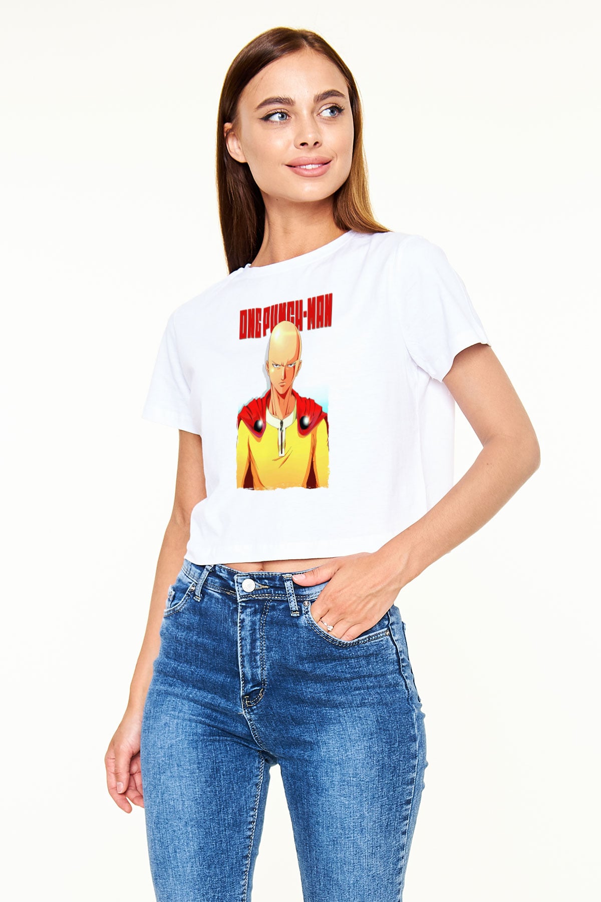 One Punch Man Beyaz  Crop Top Tişört