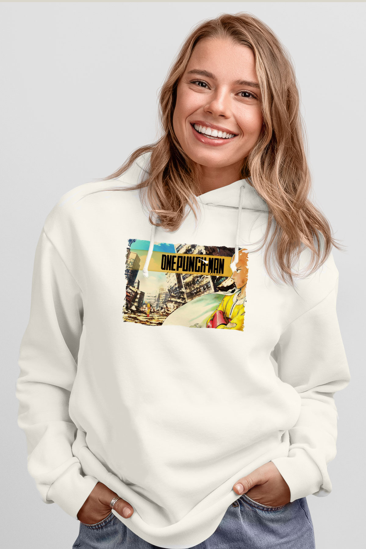 One Punch Man Beyaz Unisex Hoodie