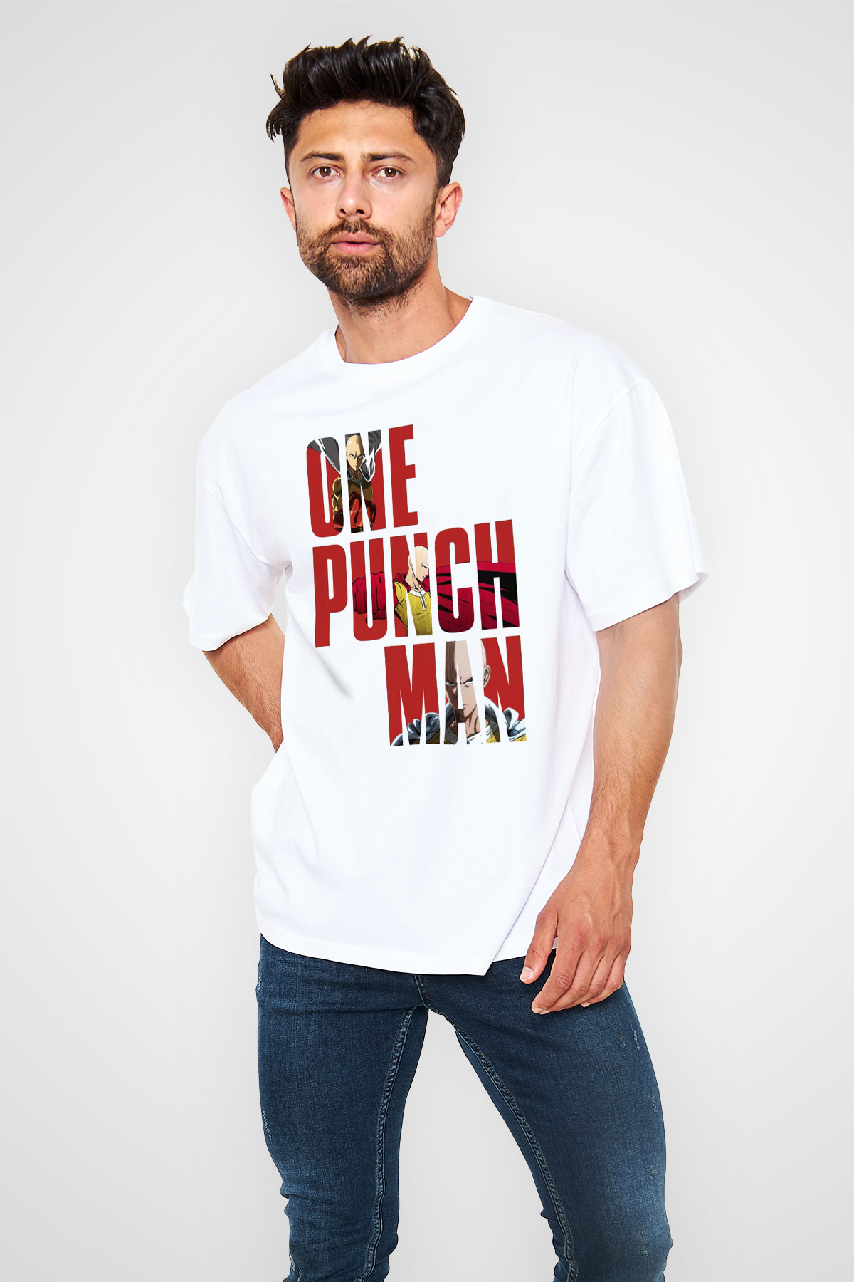 One Punch Man Beyaz Unisex Oversize Tişört T-Shirt