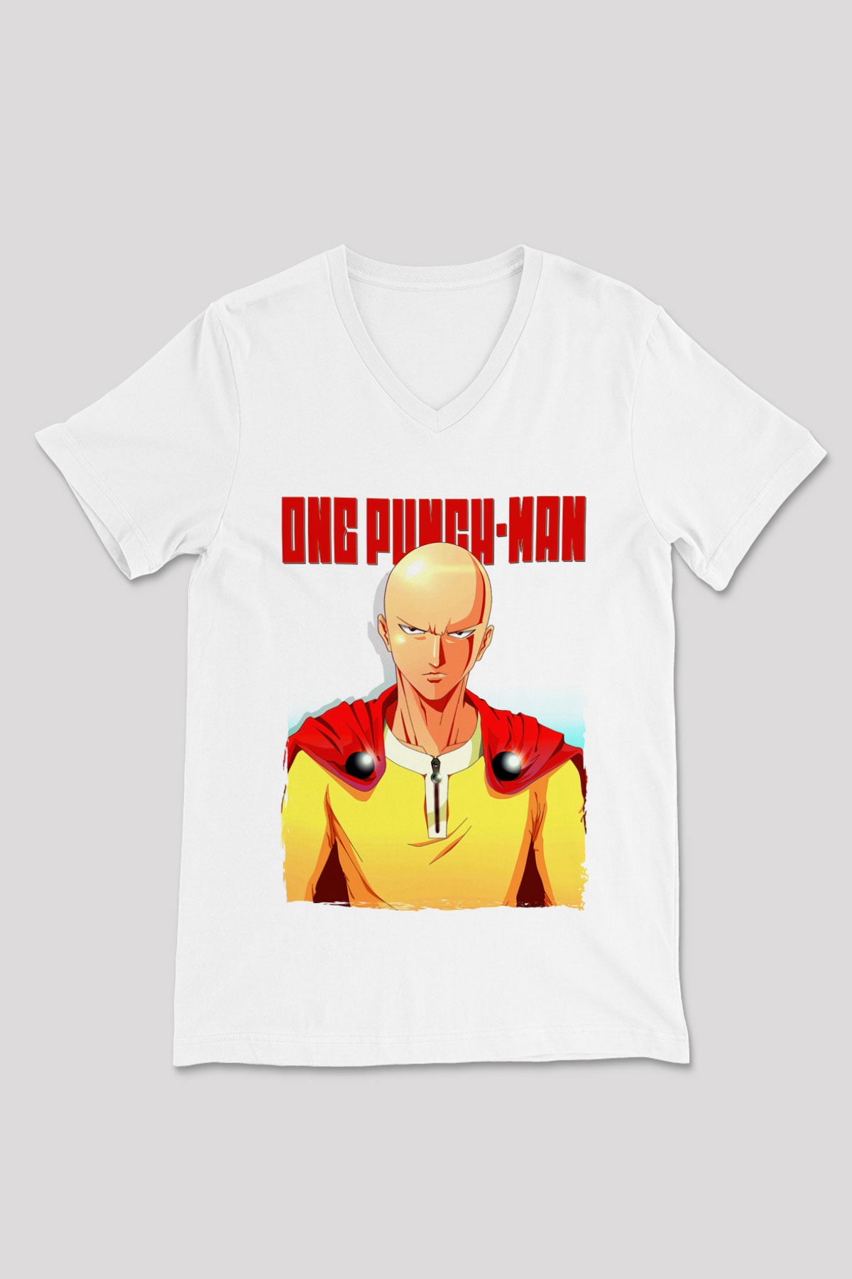 One Punch Man Beyaz Unisex V Yaka Tişört