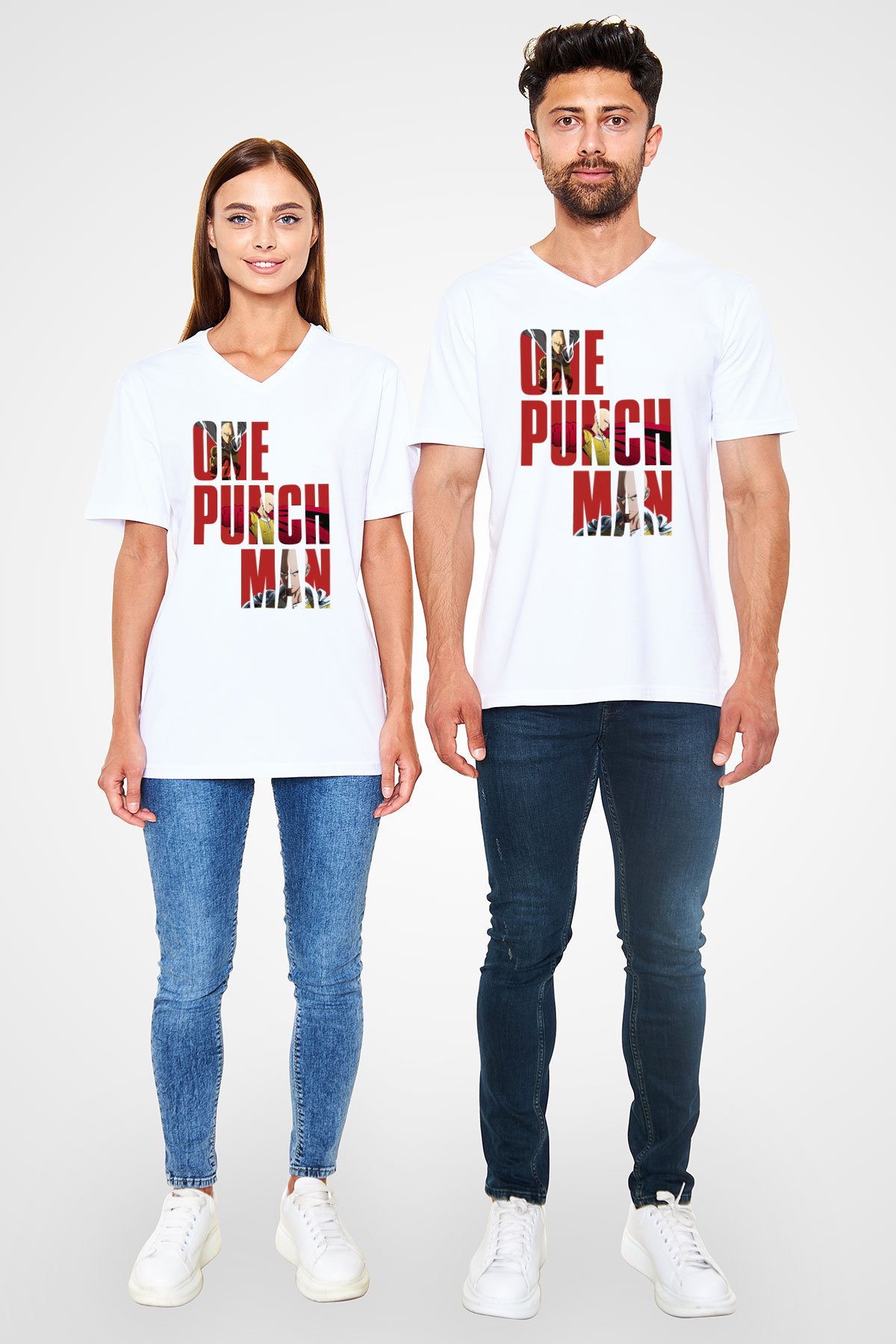 One Punch Man Beyaz Unisex V Yaka Tişört T-Shirt