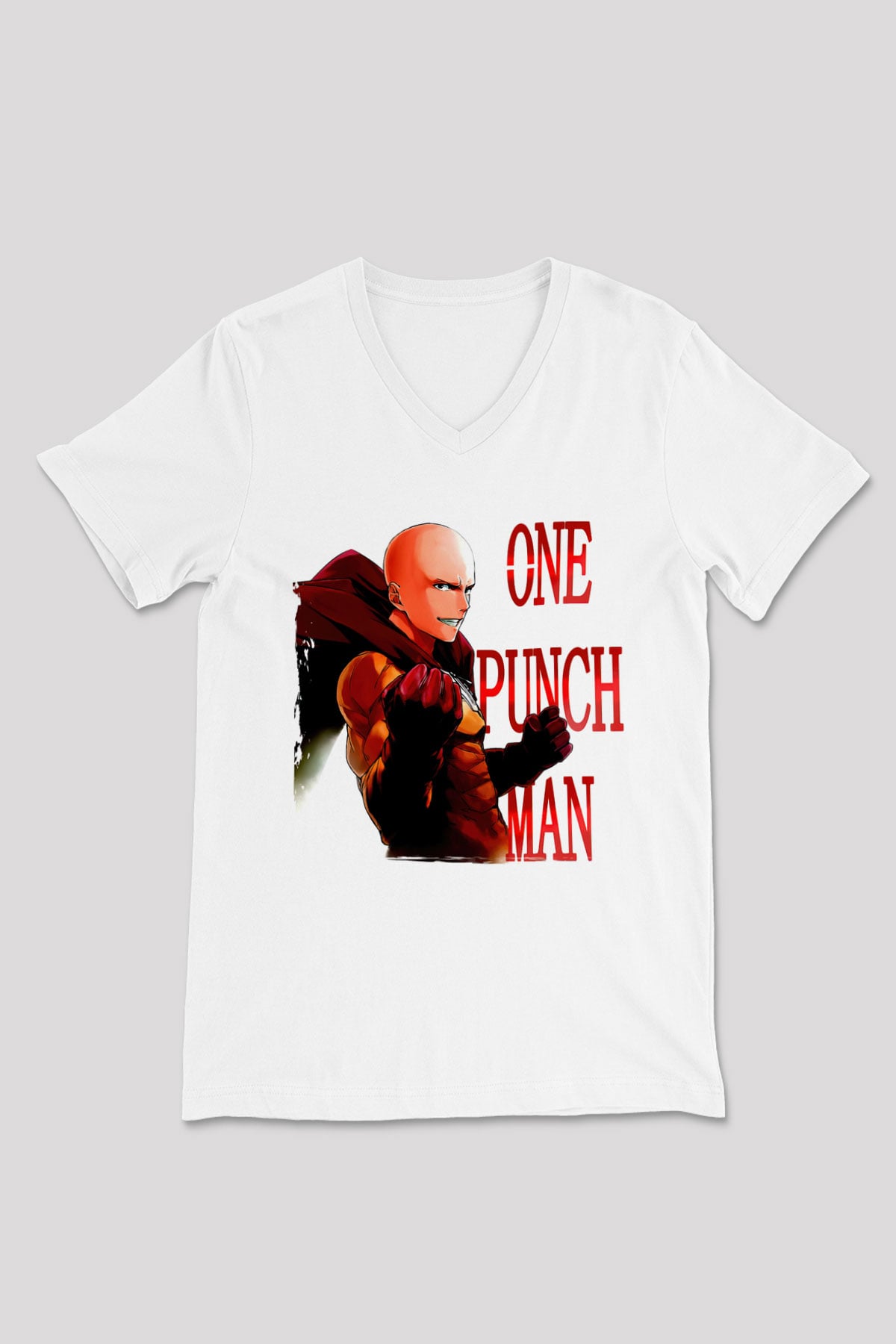 One Punch Man Beyaz Unisex V Yaka Tişört