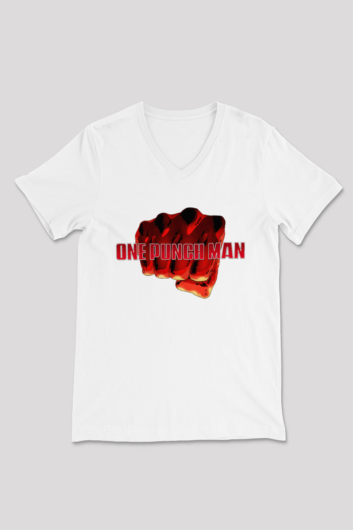 One Punch Man Beyaz Unisex V Yaka Tişört T-Shirt