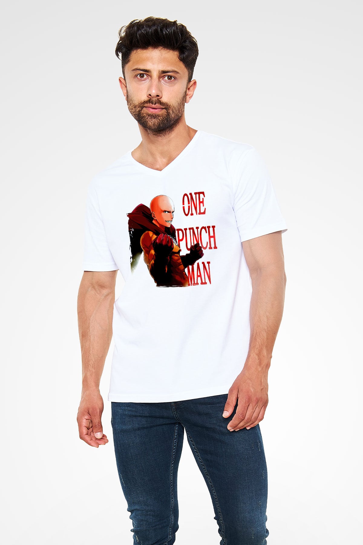 One Punch Man Beyaz Unisex V Yaka Tişört