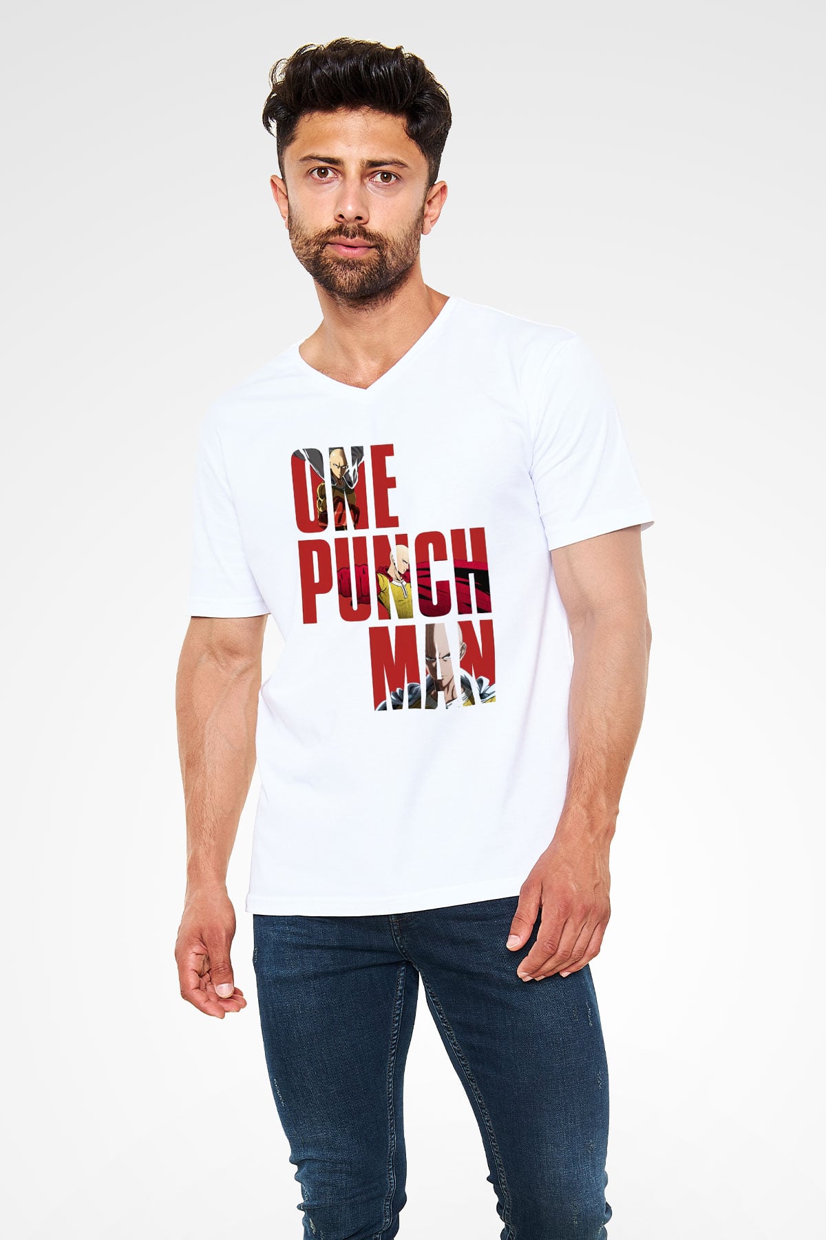 One Punch Man Beyaz Unisex V Yaka Tişört T-Shirt