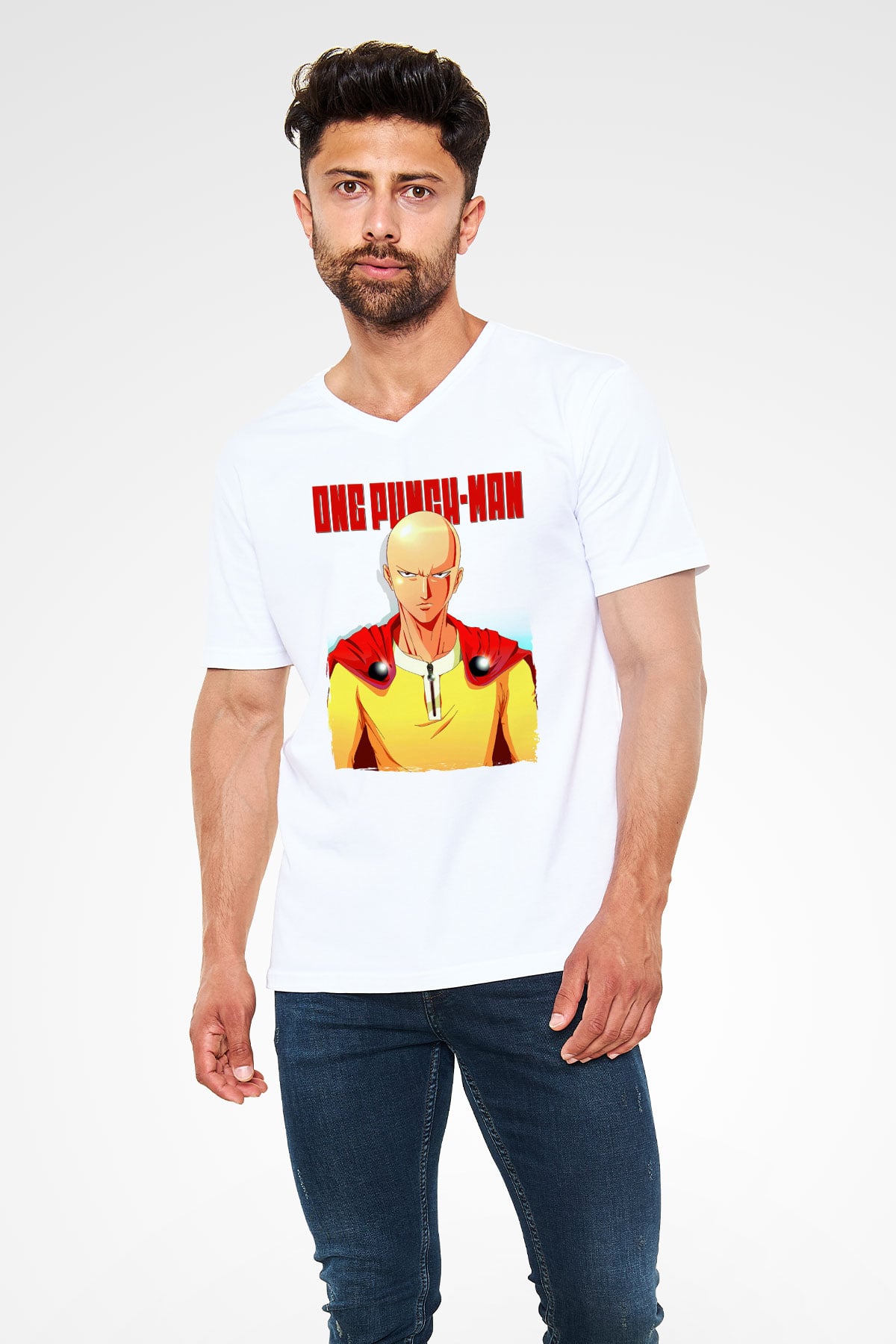 One Punch Man Beyaz Unisex V Yaka Tişört