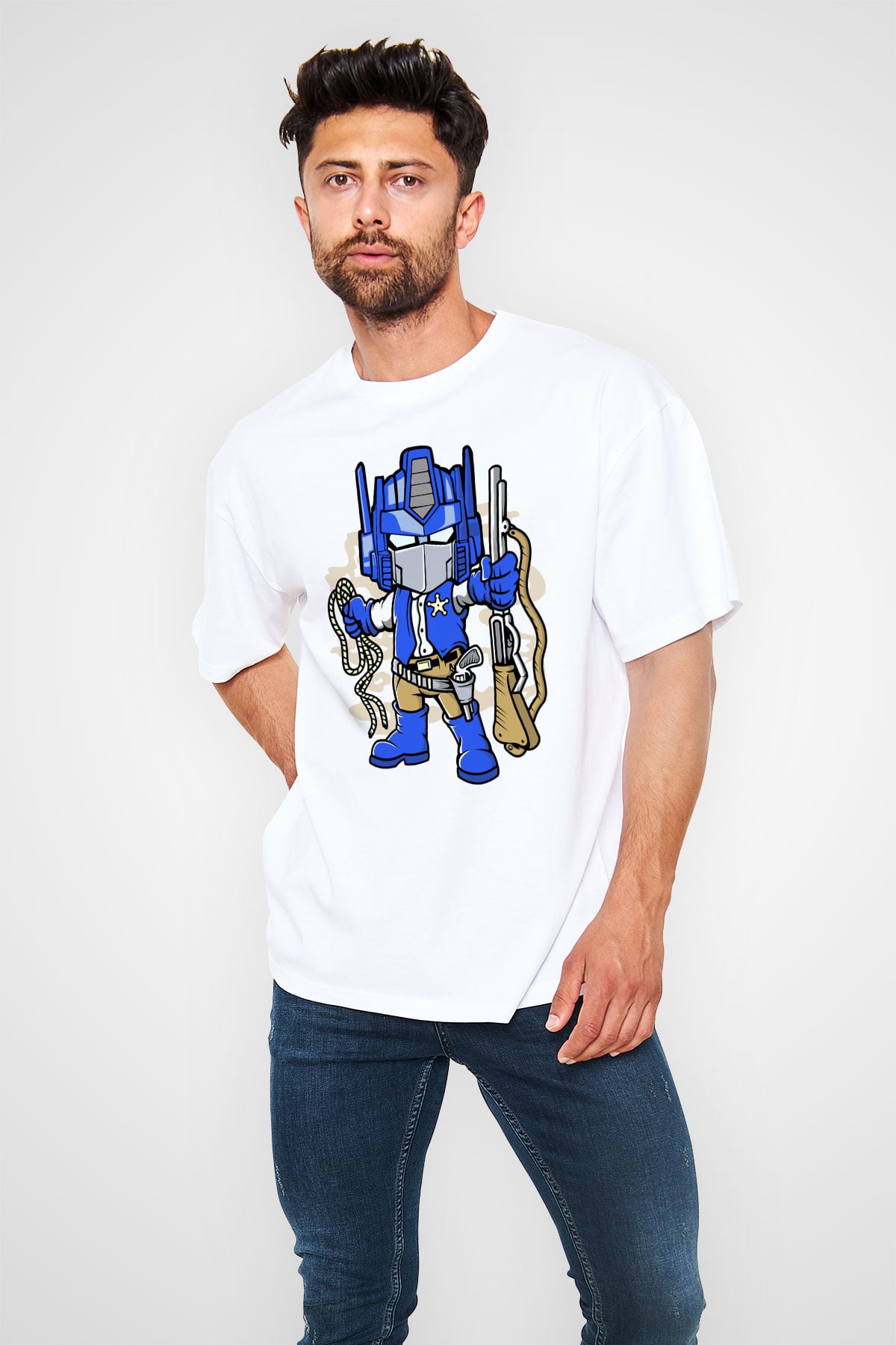Optimus Cowboy Baskılı Beyaz Unisex Oversize Tişört