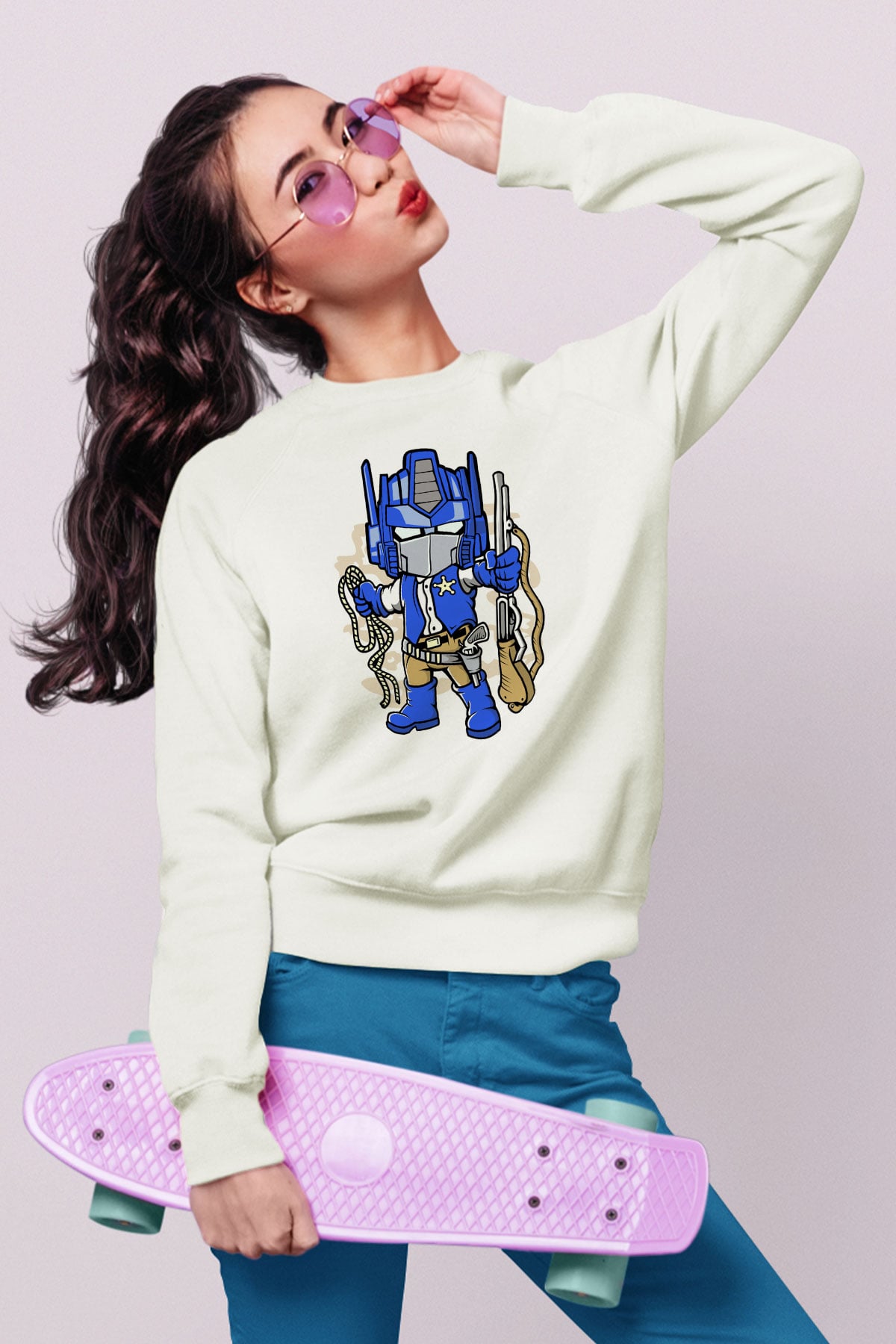 Optimus Cowboy Baskılı Beyaz Unisex Sweatshirt