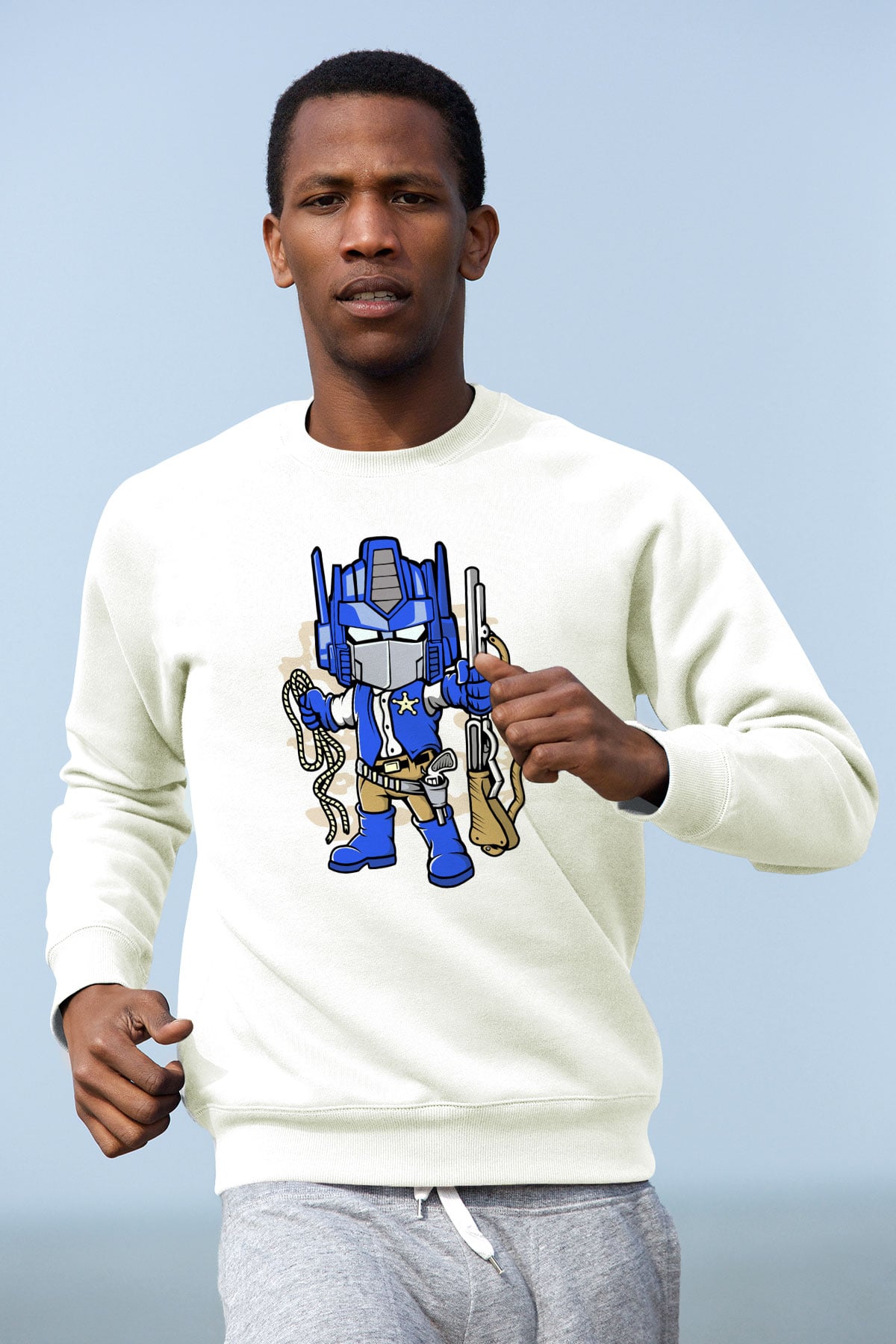 Optimus Cowboy Baskılı Beyaz Unisex Sweatshirt