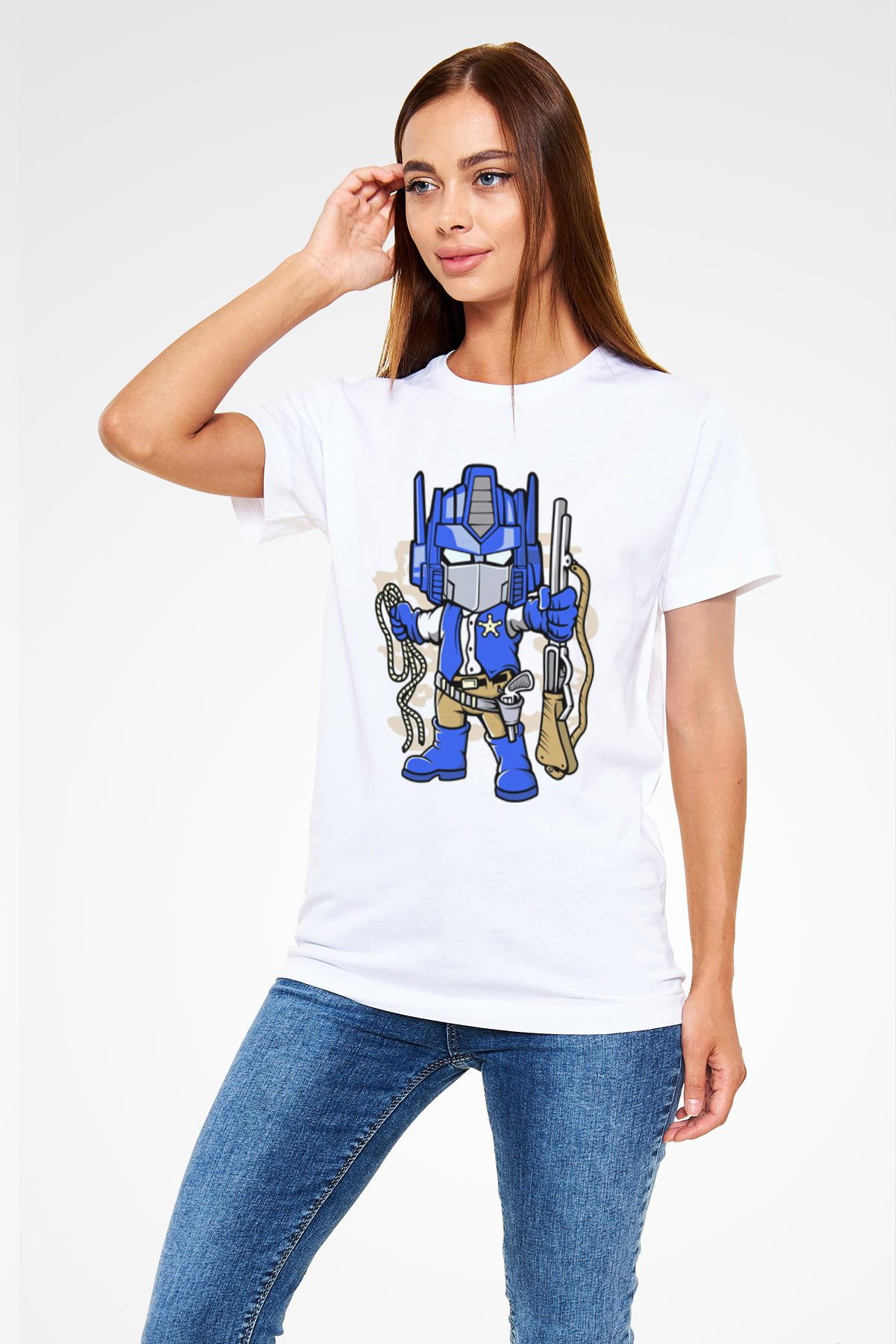 Optimus Cowboy Baskılı Beyaz Unisex Tshirt