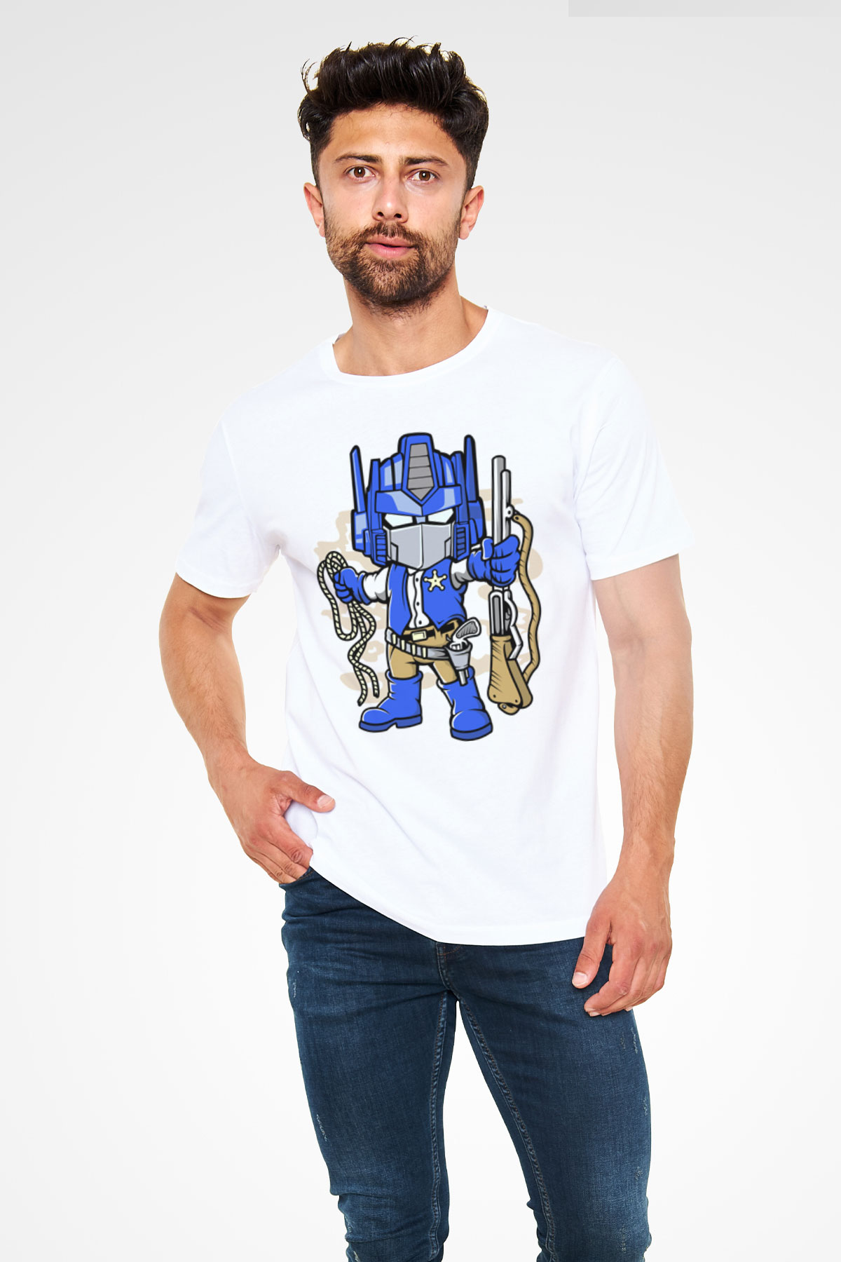 Optimus Cowboy Baskılı Beyaz Unisex Tshirt