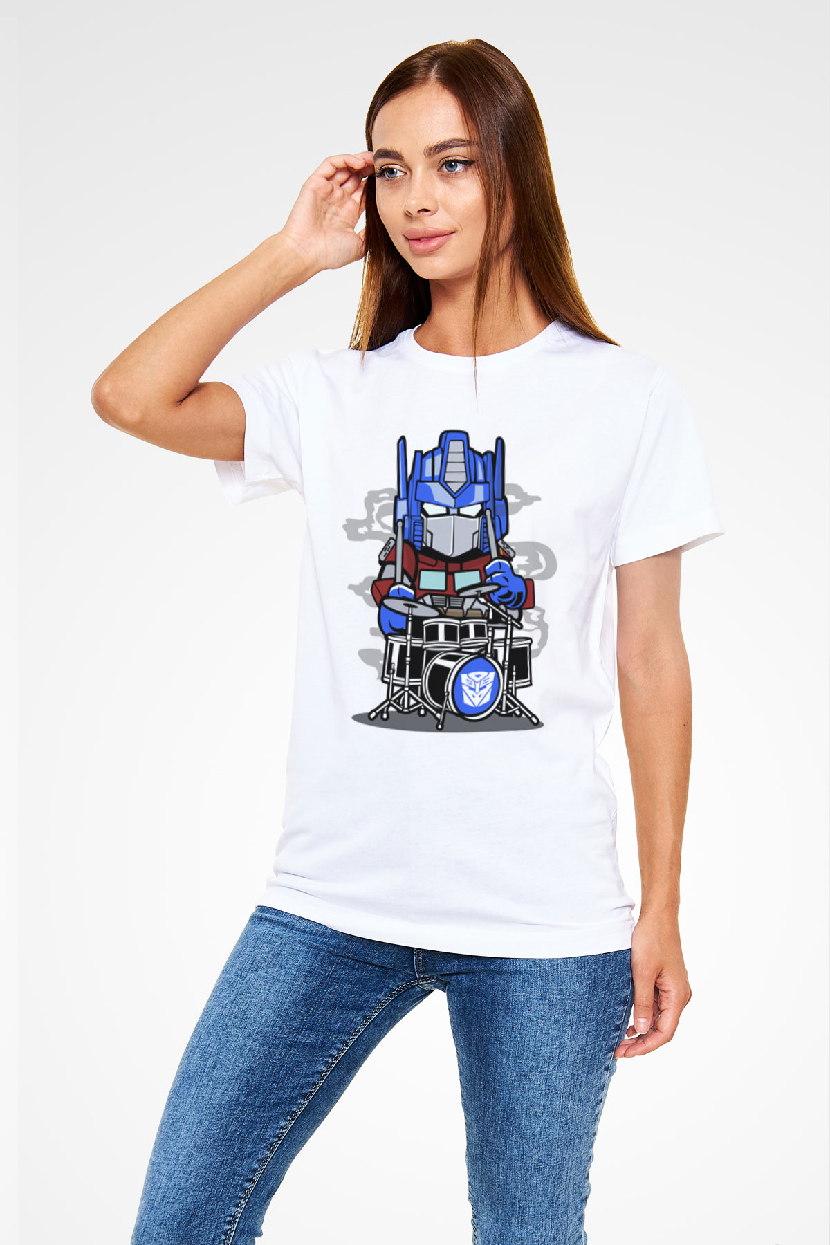 Optimus Drummer Baskılı Beyaz Unisex Tshirt
