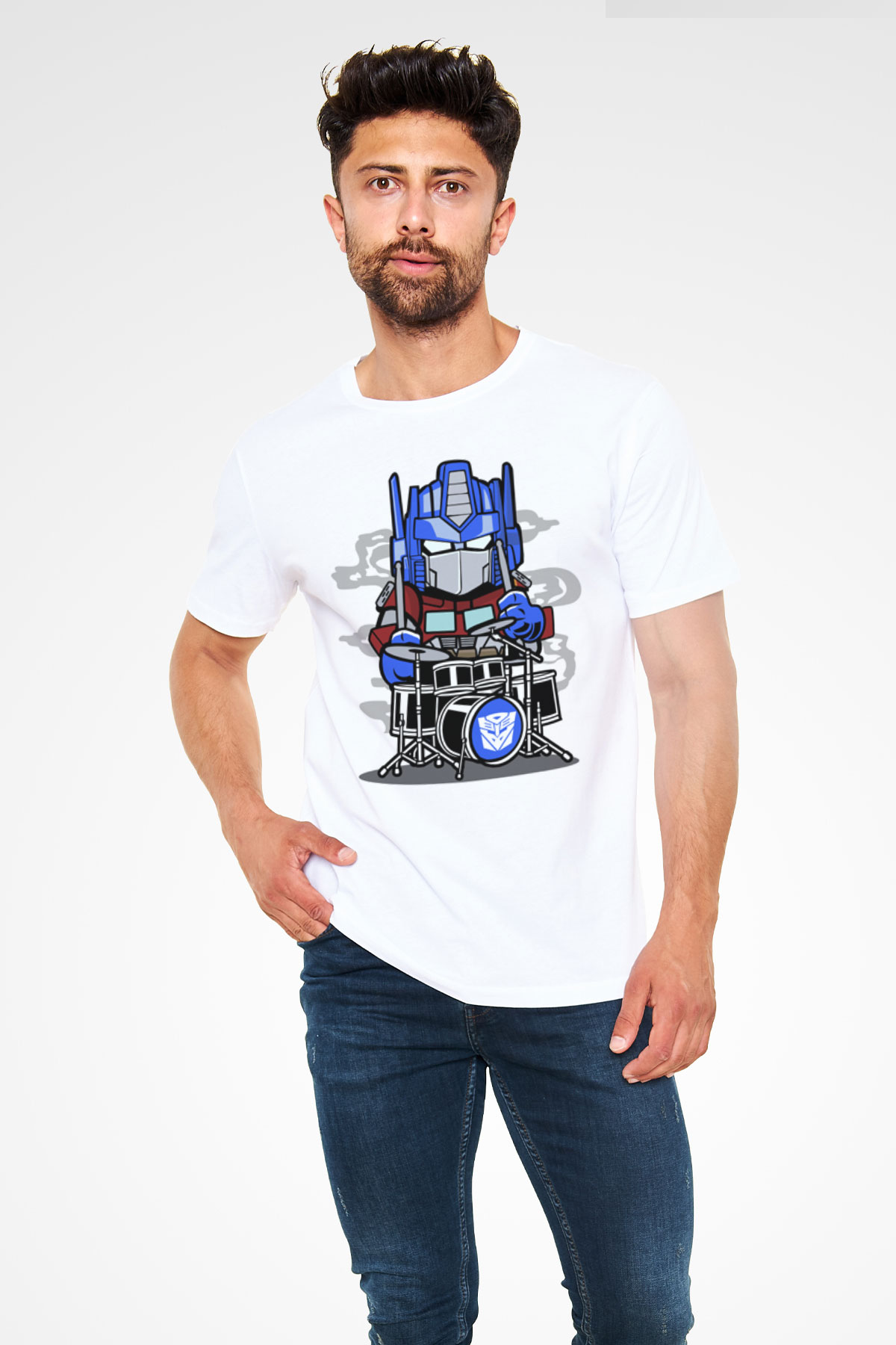 Optimus Drummer Baskılı Beyaz Unisex Tshirt