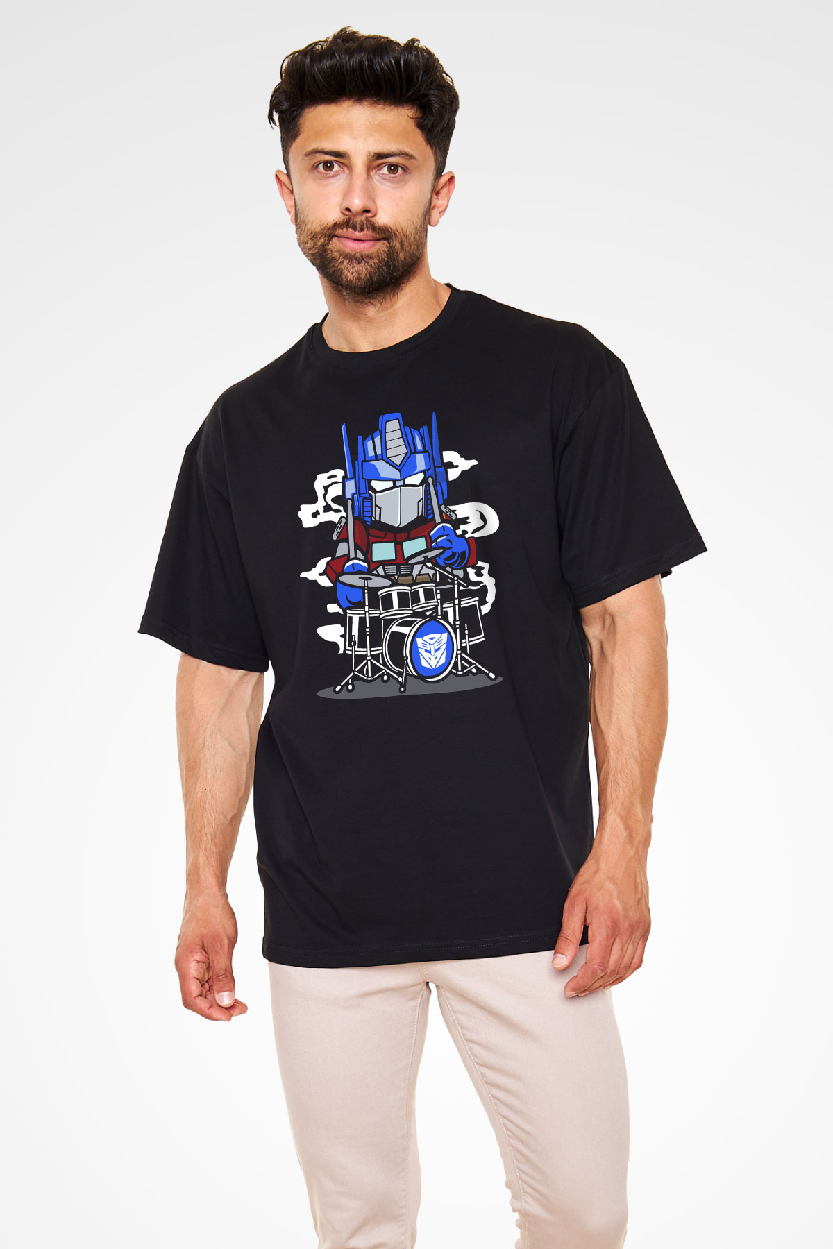 Optimus Drummer Baskılı Siyah Unisex Oversize Tişört