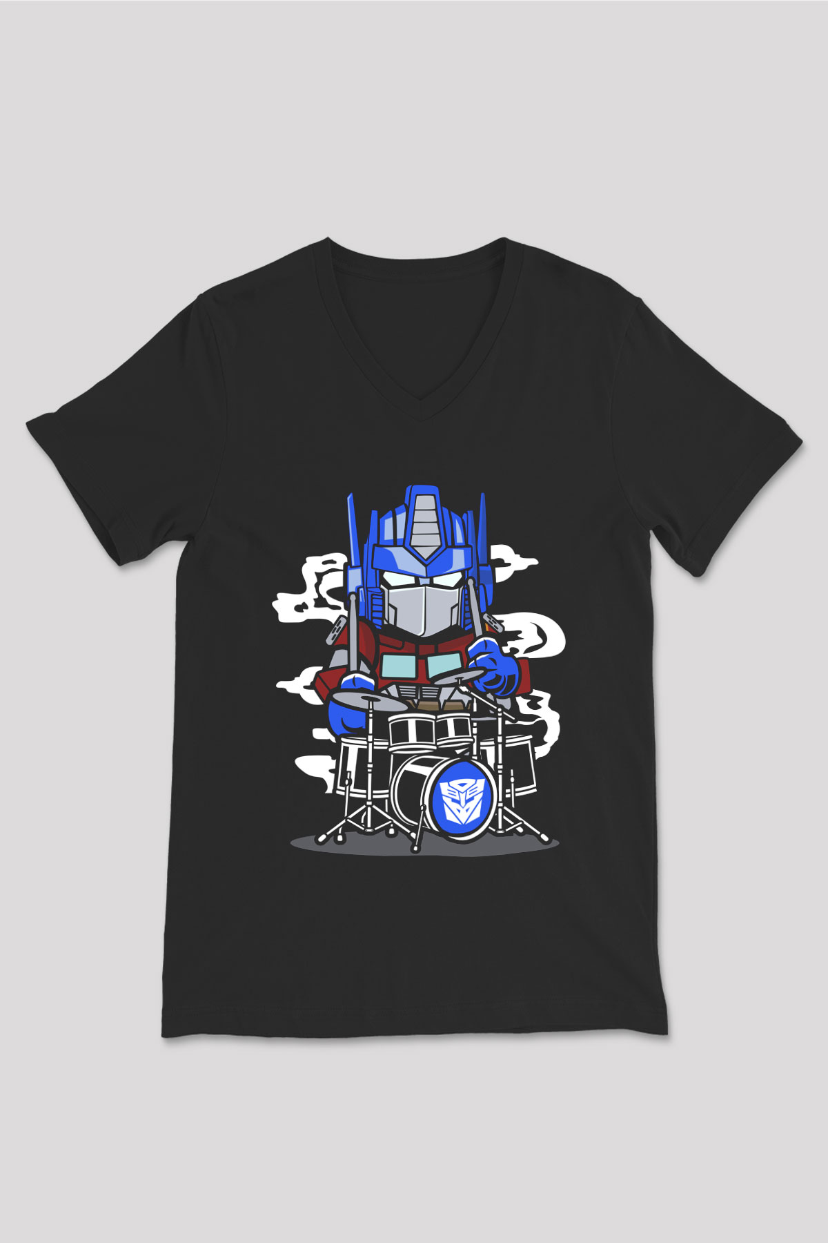 Optimus Drummer Baskılı Siyah Unisex V Yaka Tişört