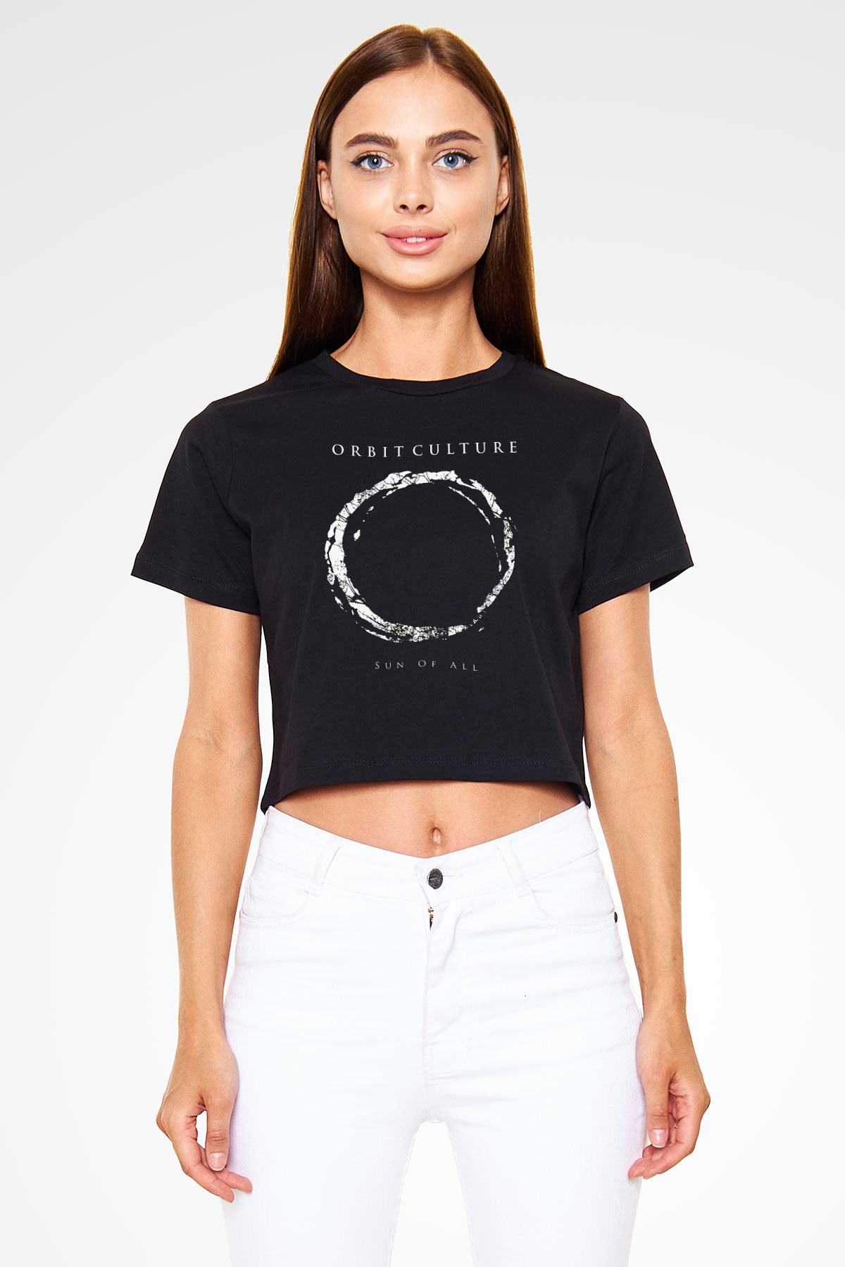 Orbit Culture Baskılı Siyah Crop Top Kadın Tişört - Tshirt