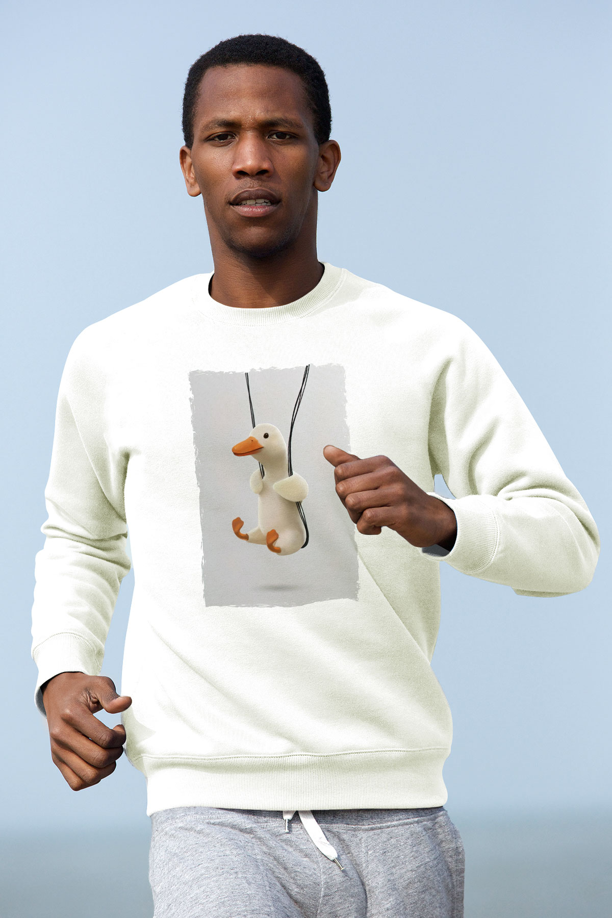 Ördek Baskılı Unisex Beyaz  Sweatshirt