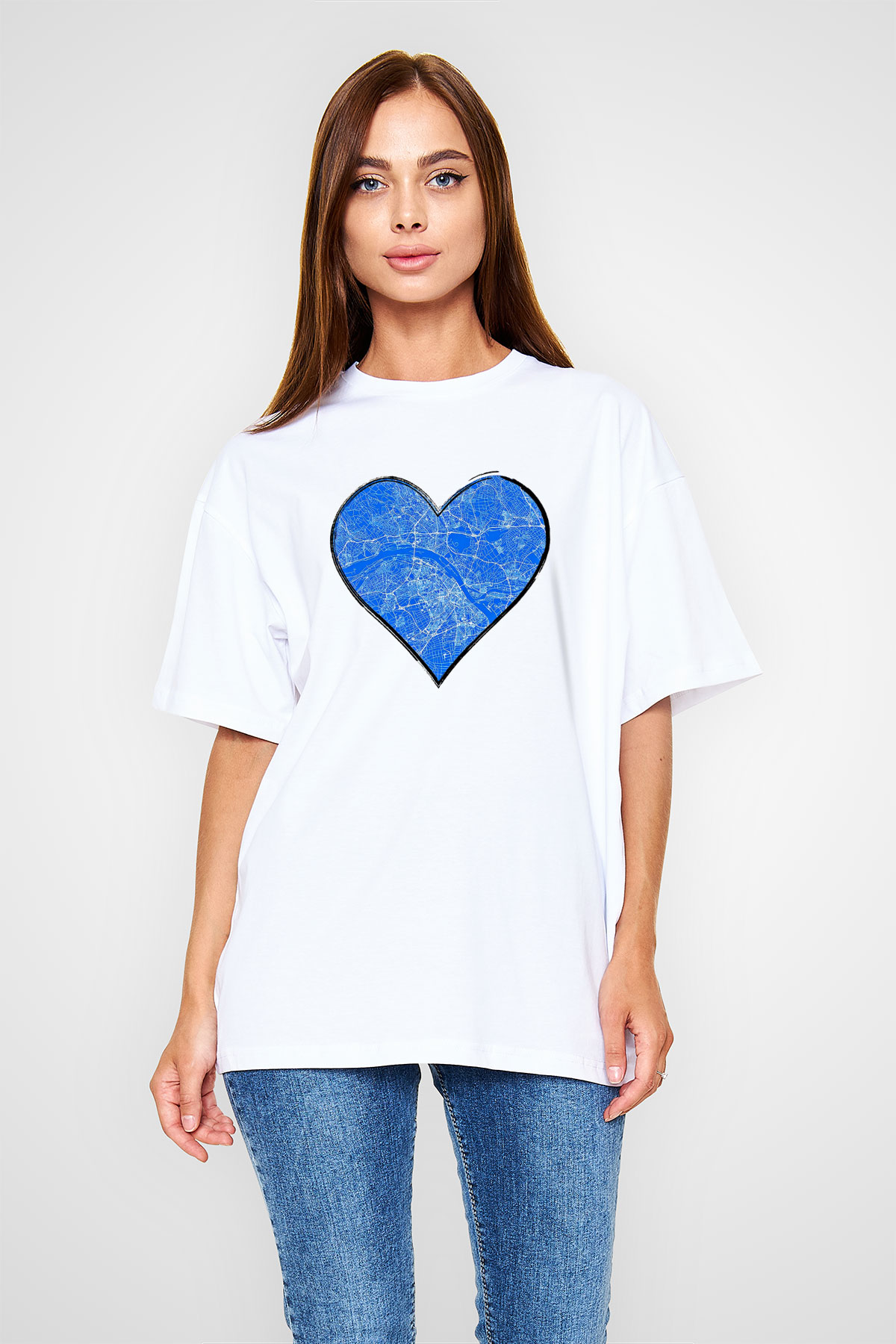 Orienteering Baskılı Unisex Beyaz Oversize Tişört - Tshirt