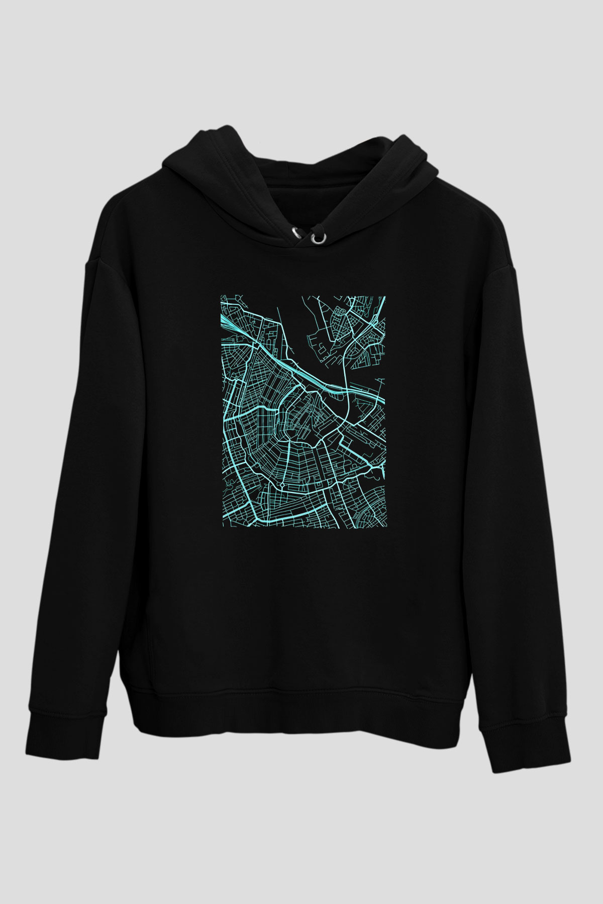 Orienteering Baskılı Unisex Siyah Kapüşonlu Sweatshirt