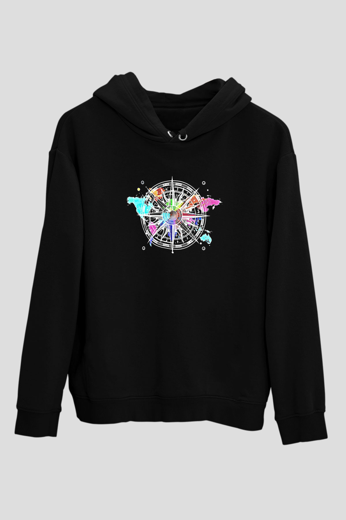 Orienteering Baskılı Unisex Siyah Kapüşonlu Sweatshirt