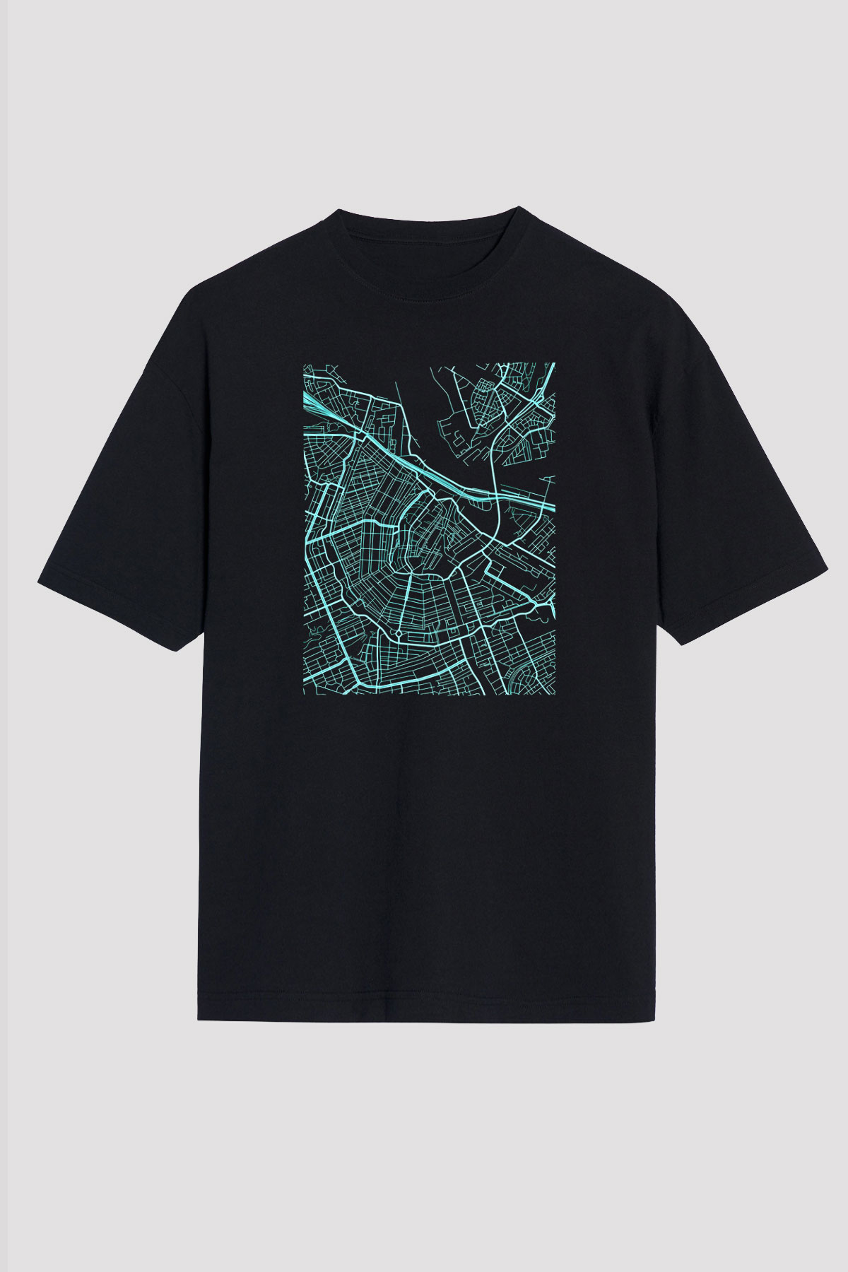 Orienteering Baskılı Unisex Siyah Oversize Tişört