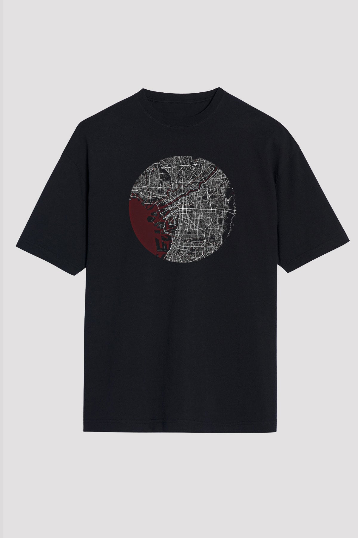 Orienteering Baskılı Unisex Siyah Oversize Tişört