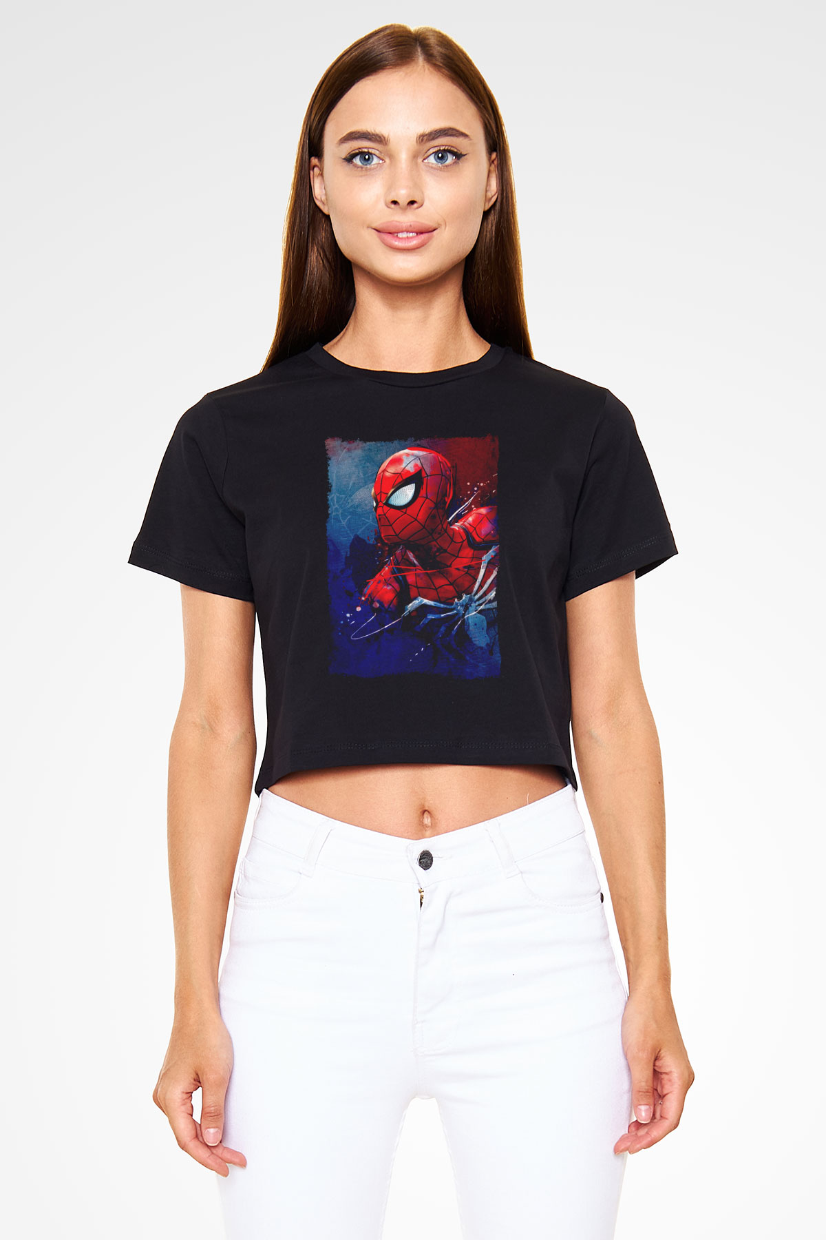 Örümcek Baskılı  Siyah  Crop Top Tişört