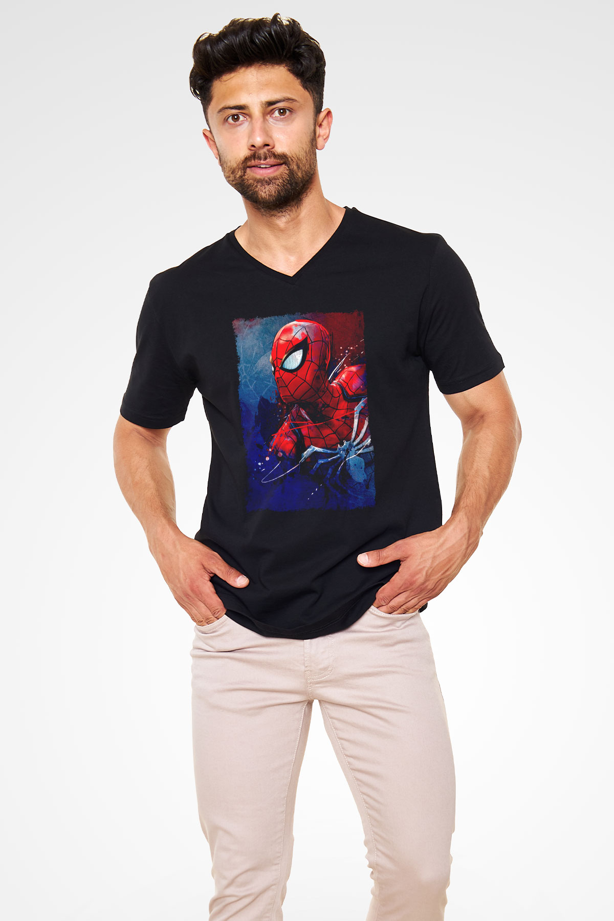 Örümcek Baskılı Unisex Siyah  V Yaka Tişört