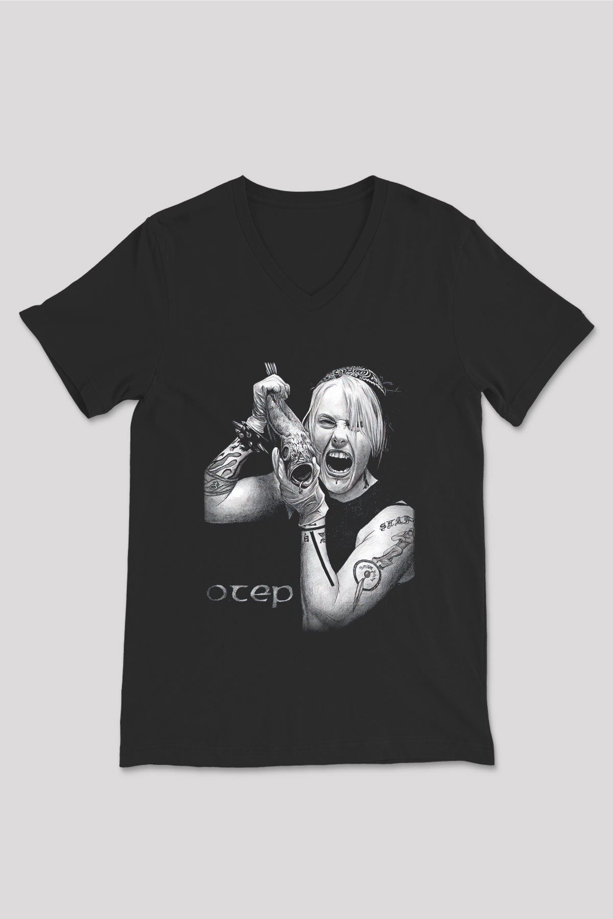 Otep Baskılı Unisex Siyah V Yaka Tişört - Tshirt