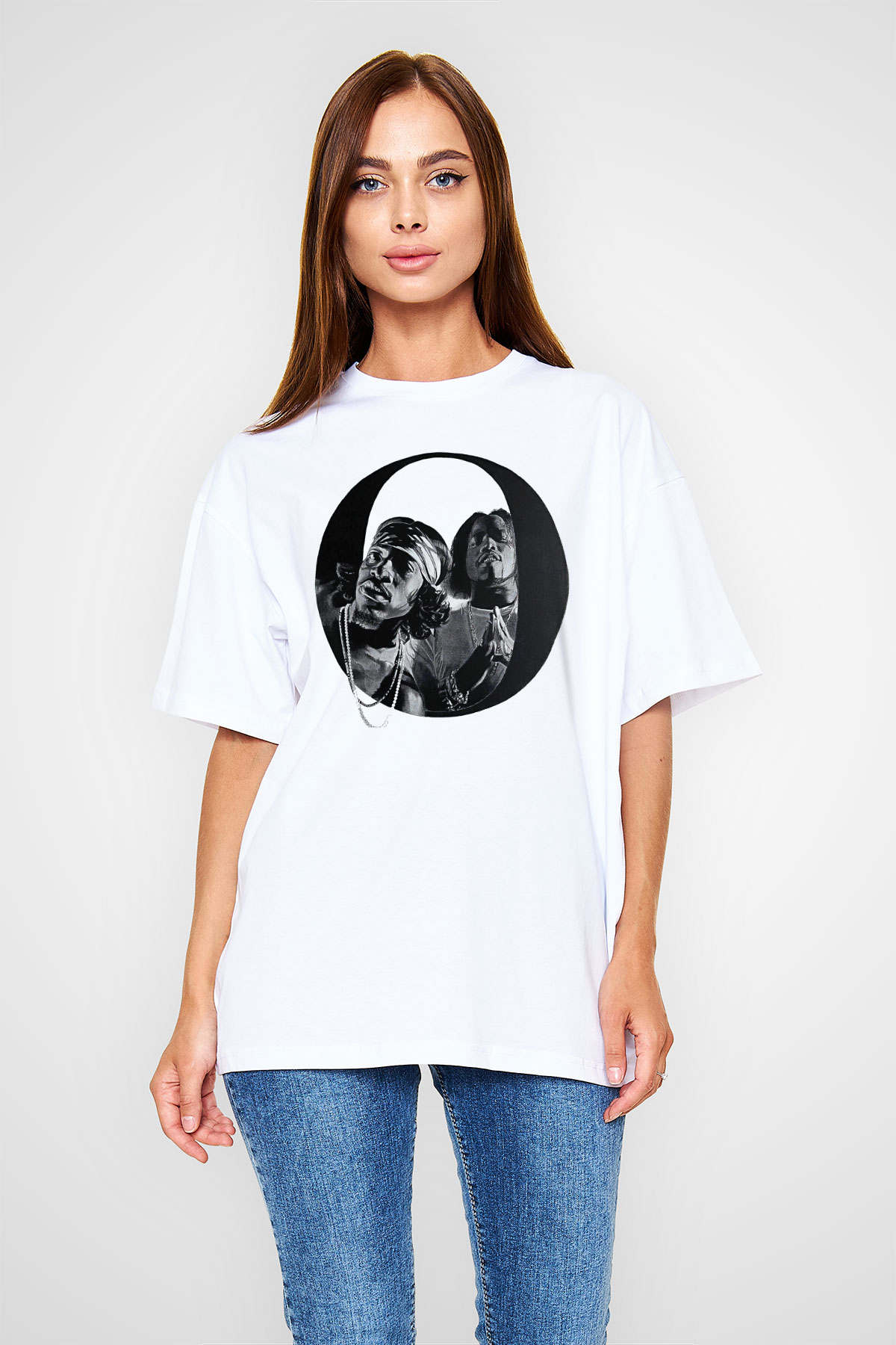 OutKast Baskılı Beyaz Unisex Oversize Tişört - Tshirt