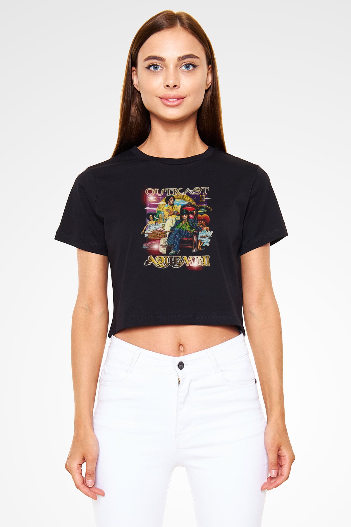 OutKast Baskılı Siyah Crop Top Kadın Tişört - Tshirt