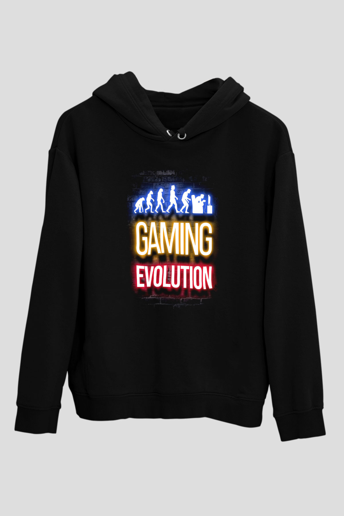 Oyuncu Evrimi Baskılı Unisex Siyah Kapüşonlu Sweatshirt