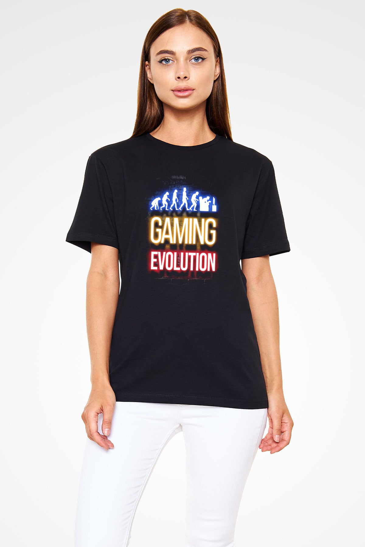 Oyuncu Evrimi Baskılı Unisex Siyah Tişört - Tshirt