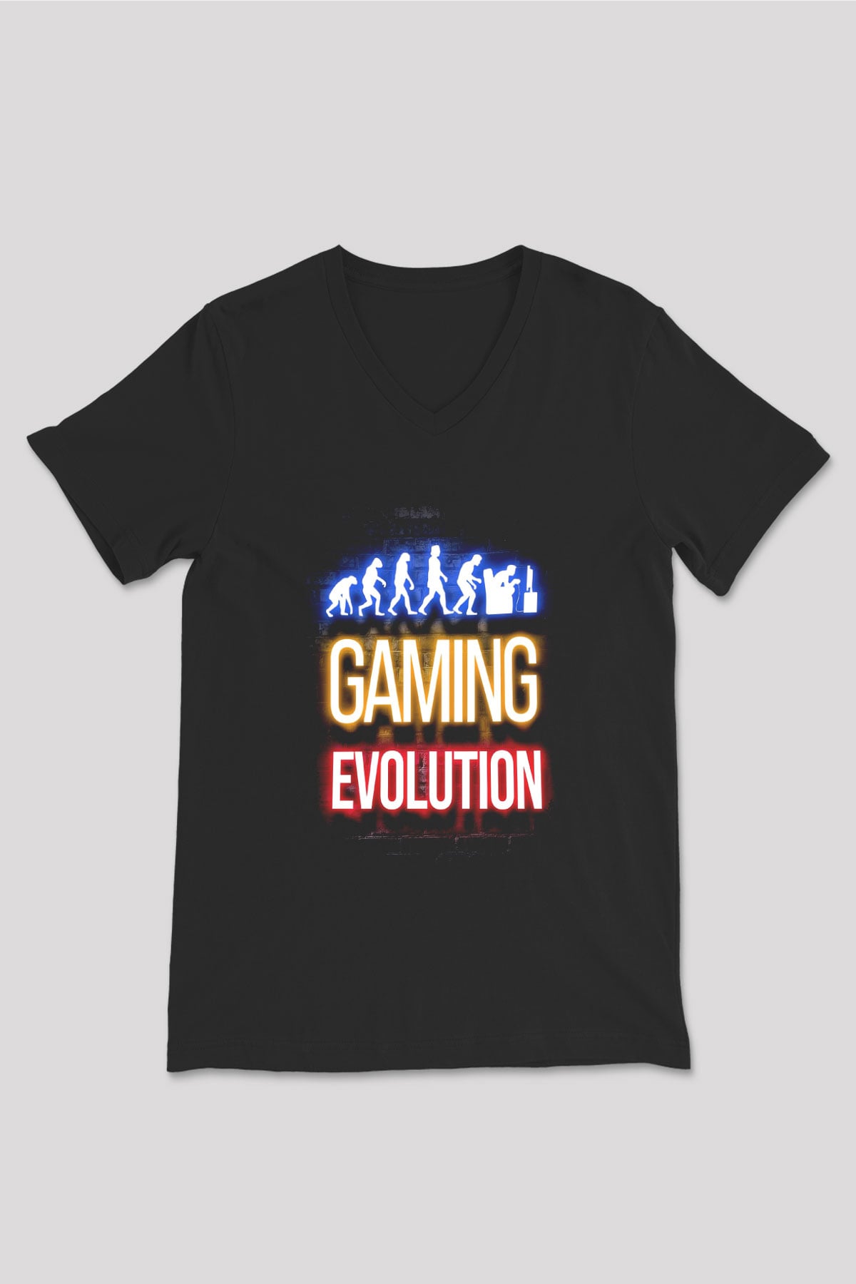 Oyuncu Evrimi Baskılı Unisex V Yaka Siyah Tİşört - Tshirt