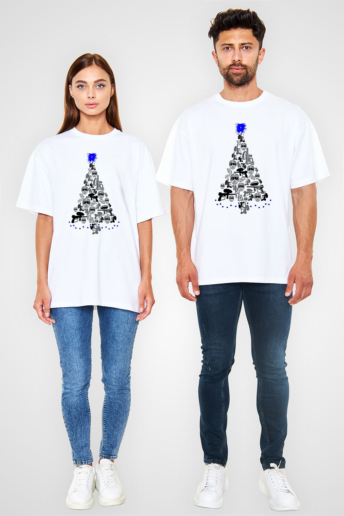 Paintball Baskılı Unisex Beyaz Oversize Tişört - Tshirt