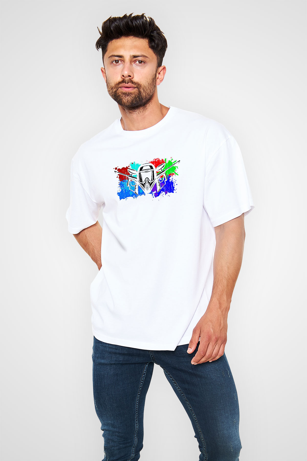 Paintball Baskılı Unisex Beyaz Oversize Tişört - Tshirt