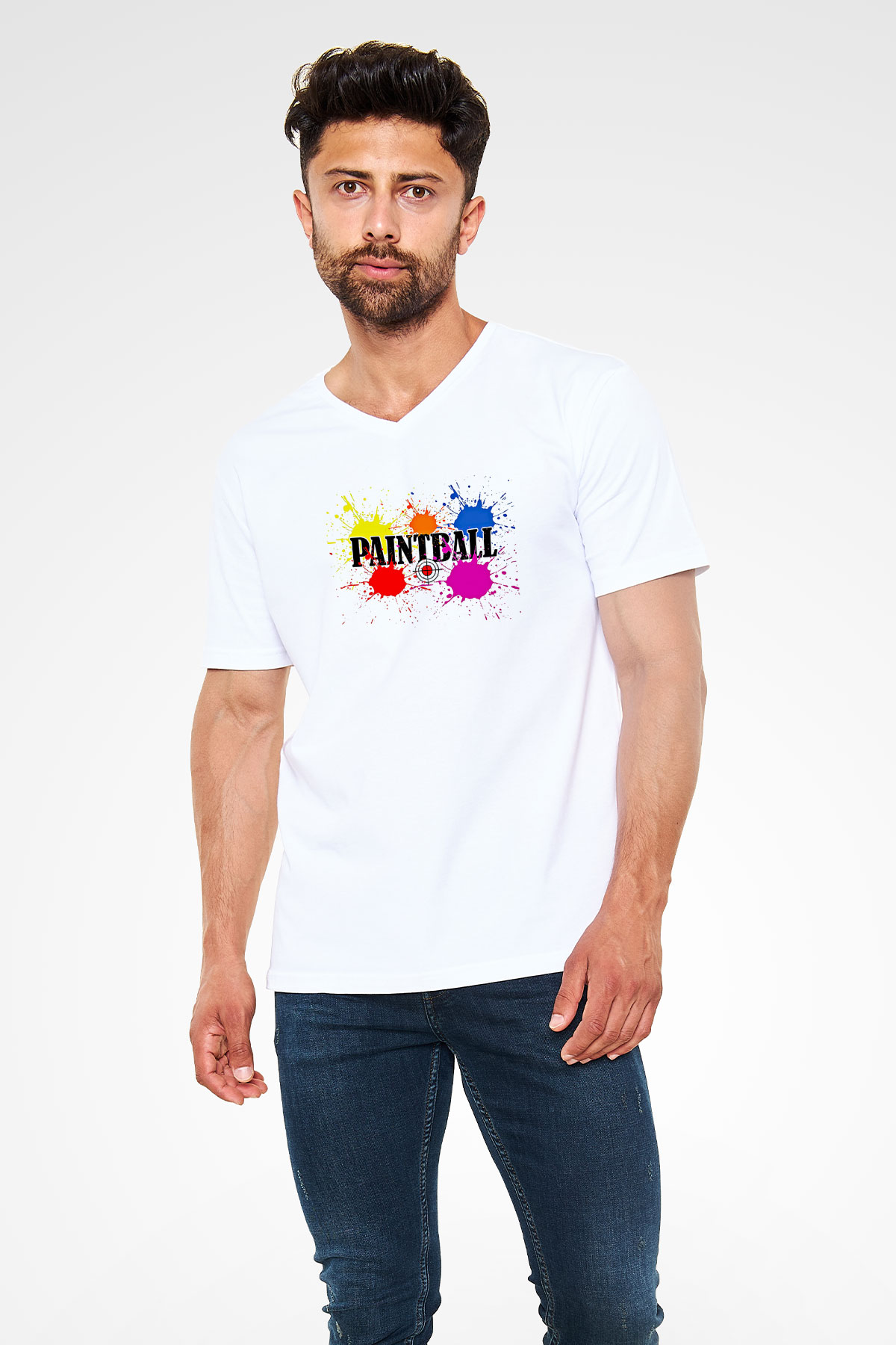 Paintball Baskılı Unisex V Yaka Tişört - Tshirt