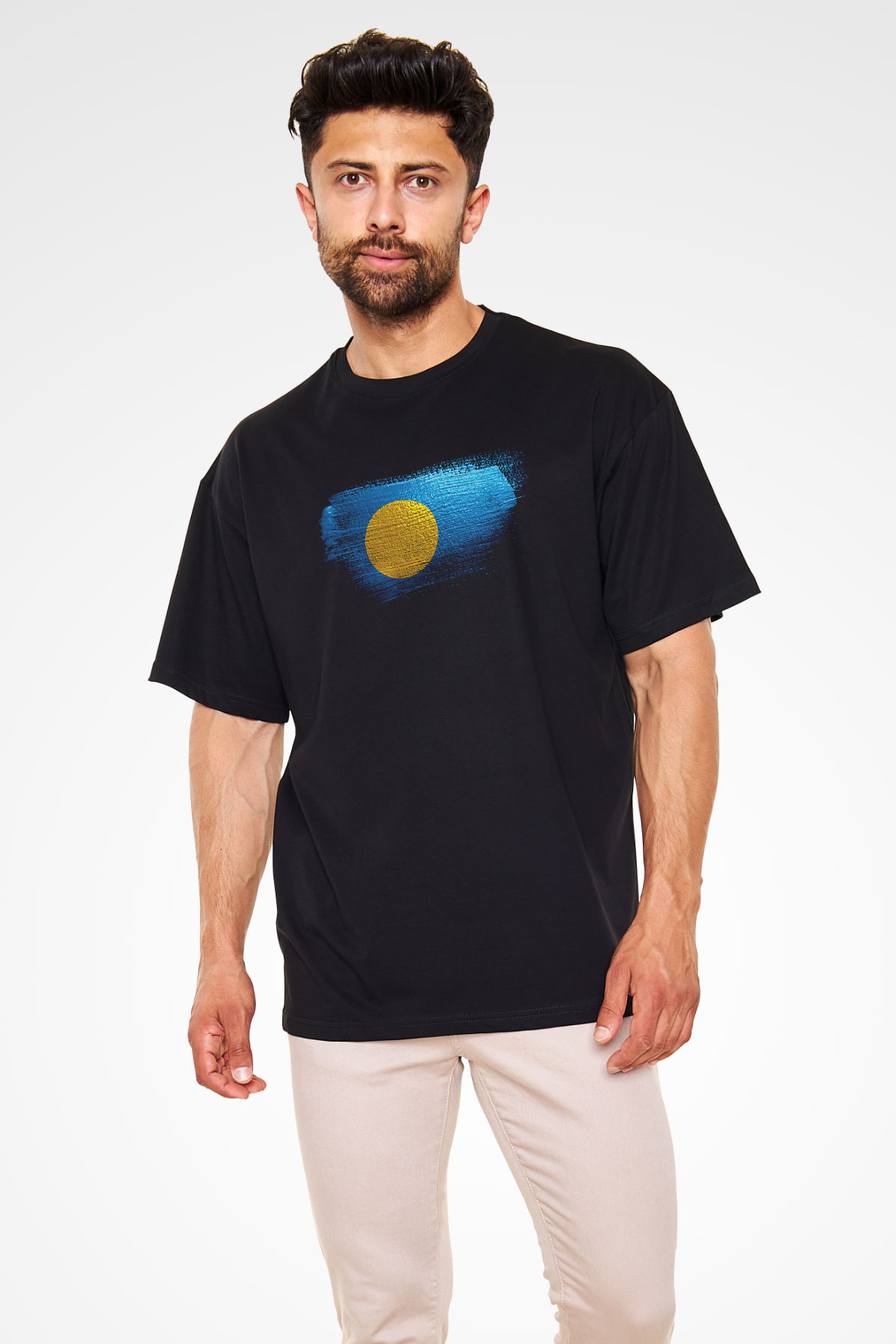 Palau Bayrağı Baskılı Unisex Siyah Oversize Tişört