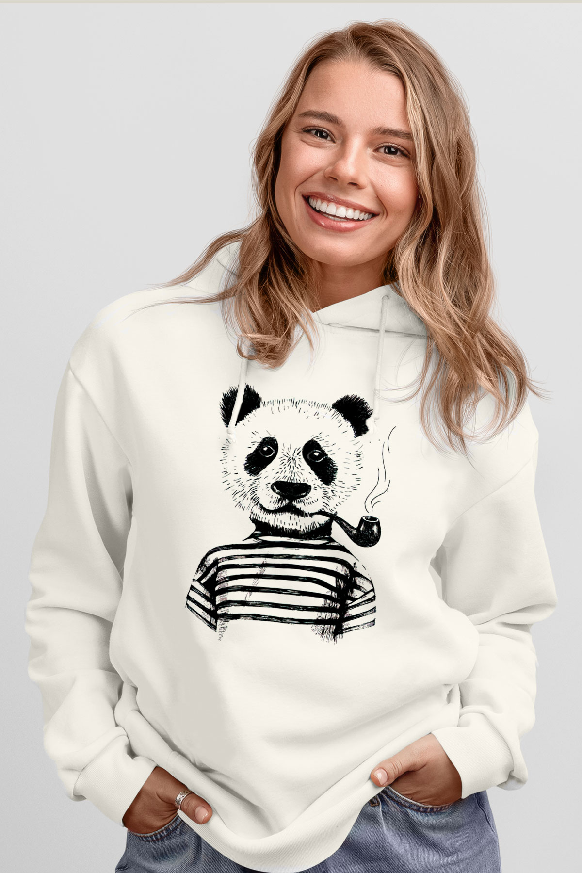 Panda Beyaz Unisex Kapşonlu Sweatshirt